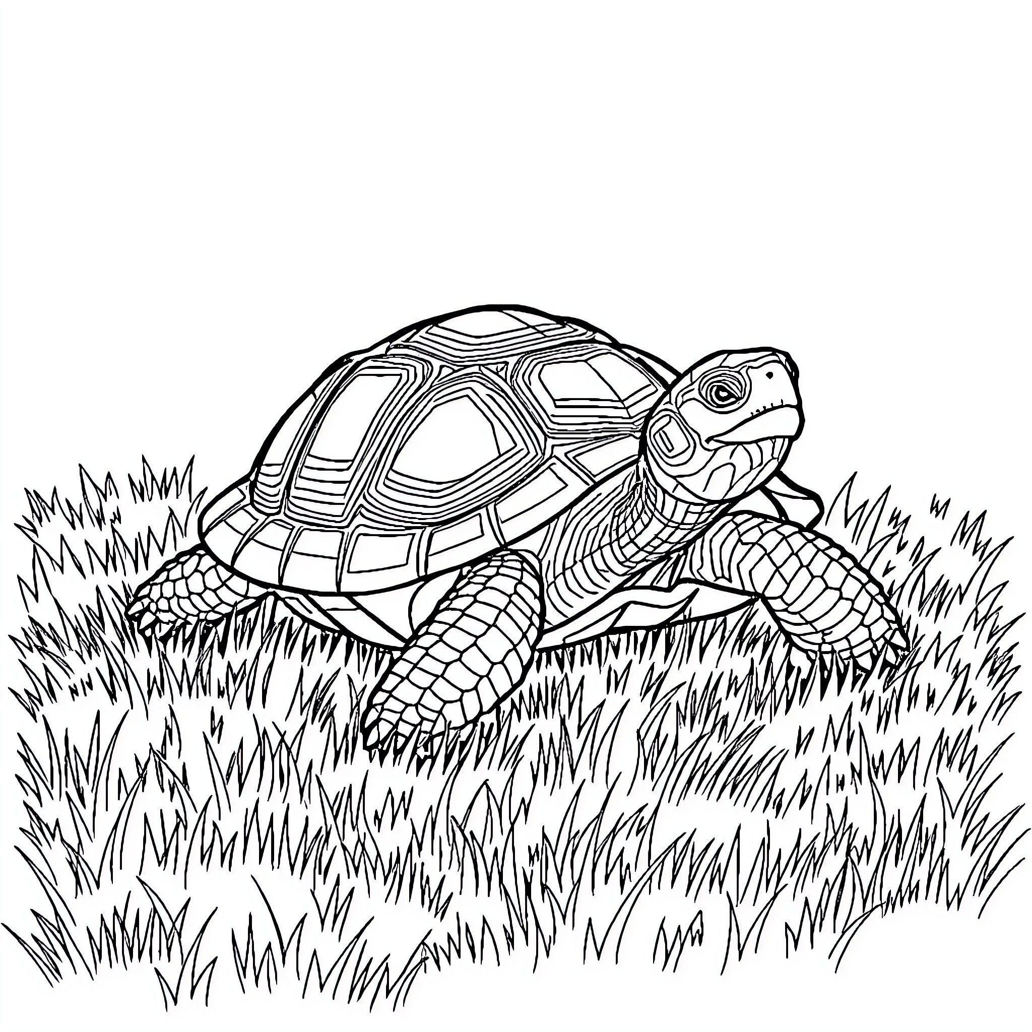 Turtle exploring the grassy landscape Coloring Page (free black-and-white line drawing printable PDF for all, from beginners to advanced learners, including children, teens, adults, and seniors)