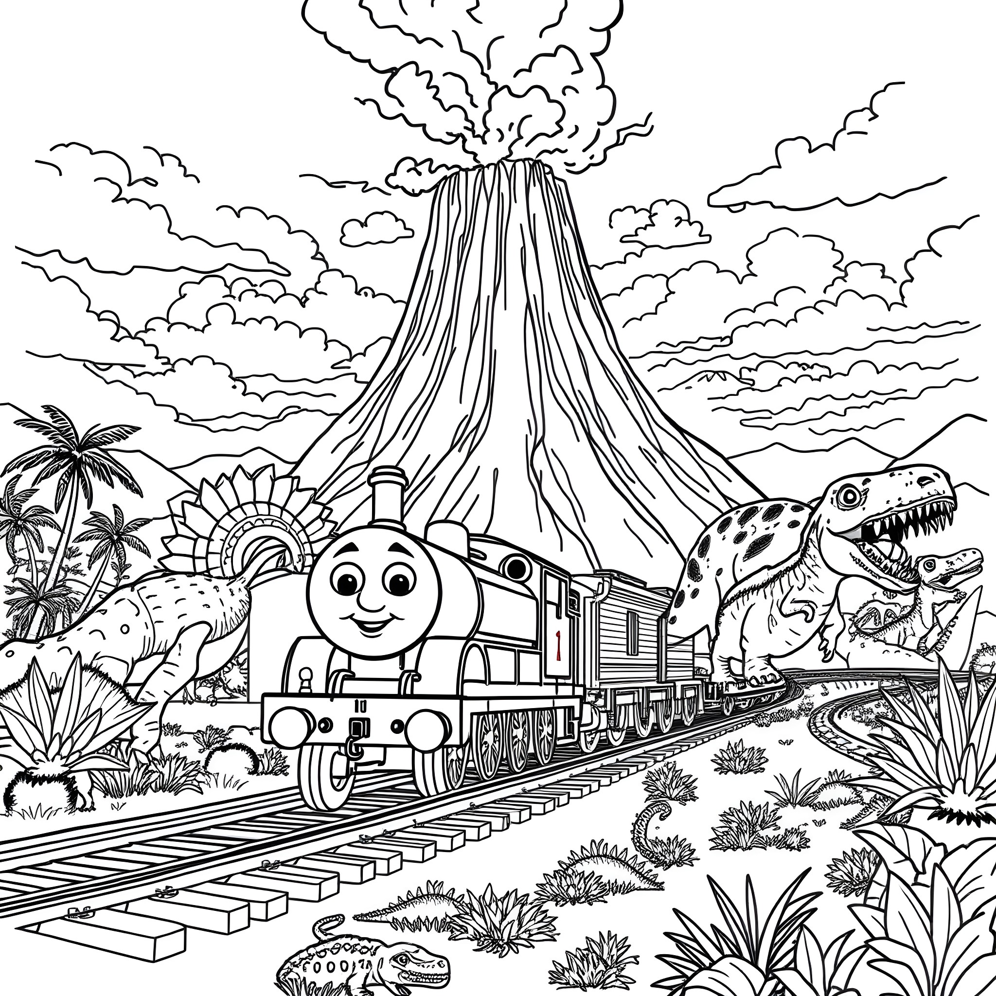 Thomas's Adventurous Train Ride Through the Prehistoric Landscape Coloring Page (free black-and-white line drawing printable PDF for all, from beginners to advanced learners, including children, teens, adults, and seniors)
