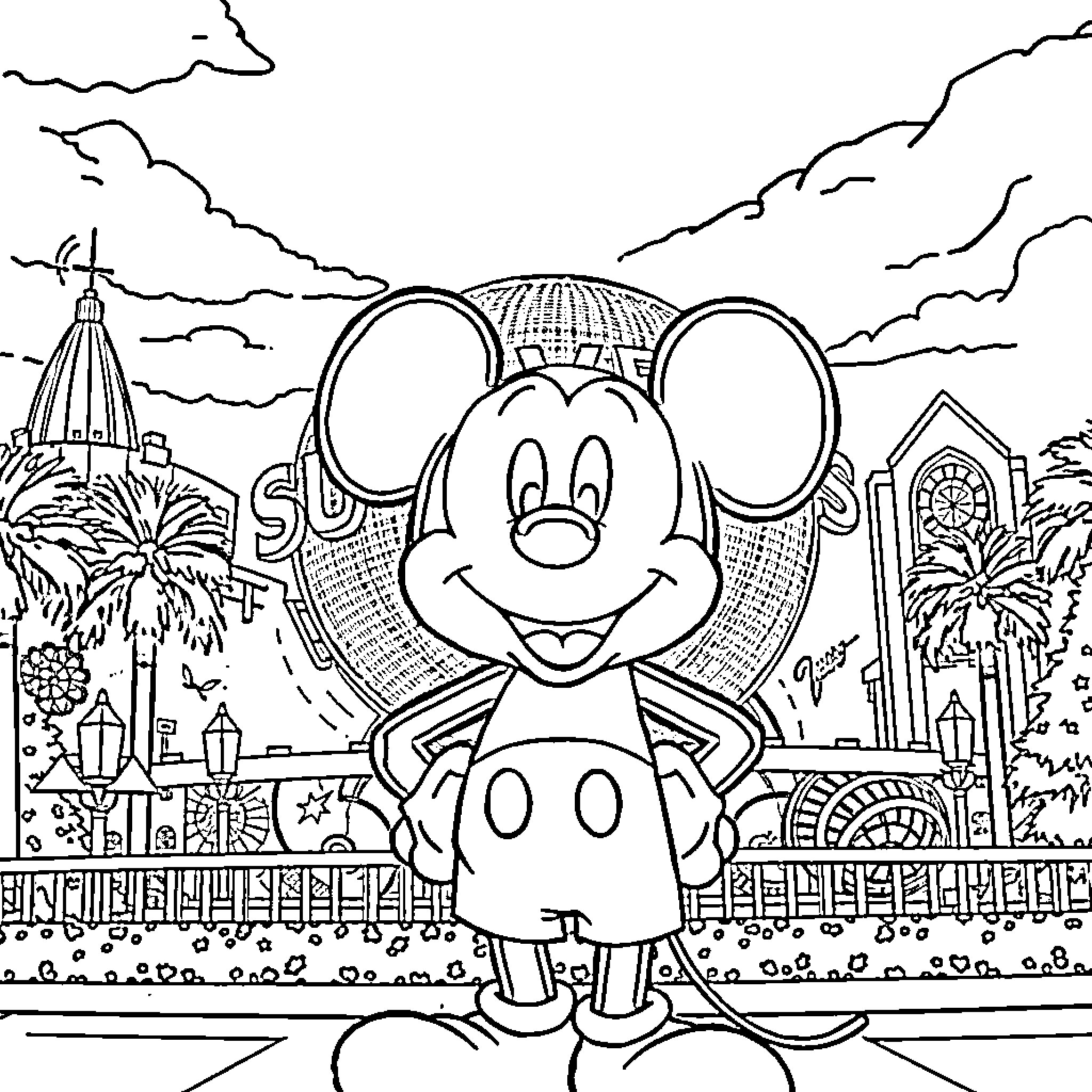 Mickey Mouse exploring a magical Disney world Coloring Page (free black-and-white line drawing printable PDF for all, from beginners to advanced learners, including children, teens, adults, and seniors)