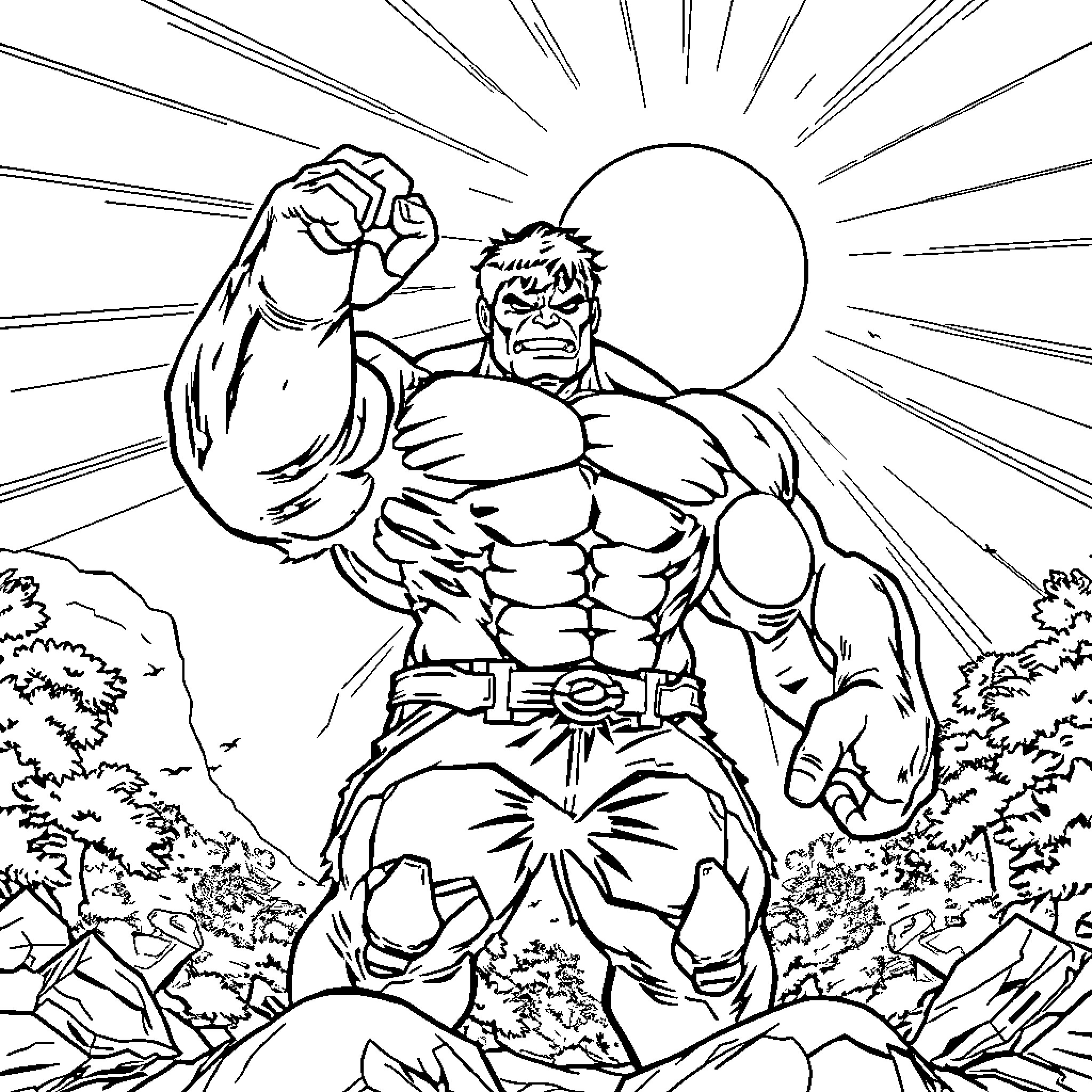 Hulk's Powerful Stance in the Wilderness Coloring Page (free black-and-white line drawing printable PDF for all, from beginners to advanced learners, including children, teens, adults, and seniors)