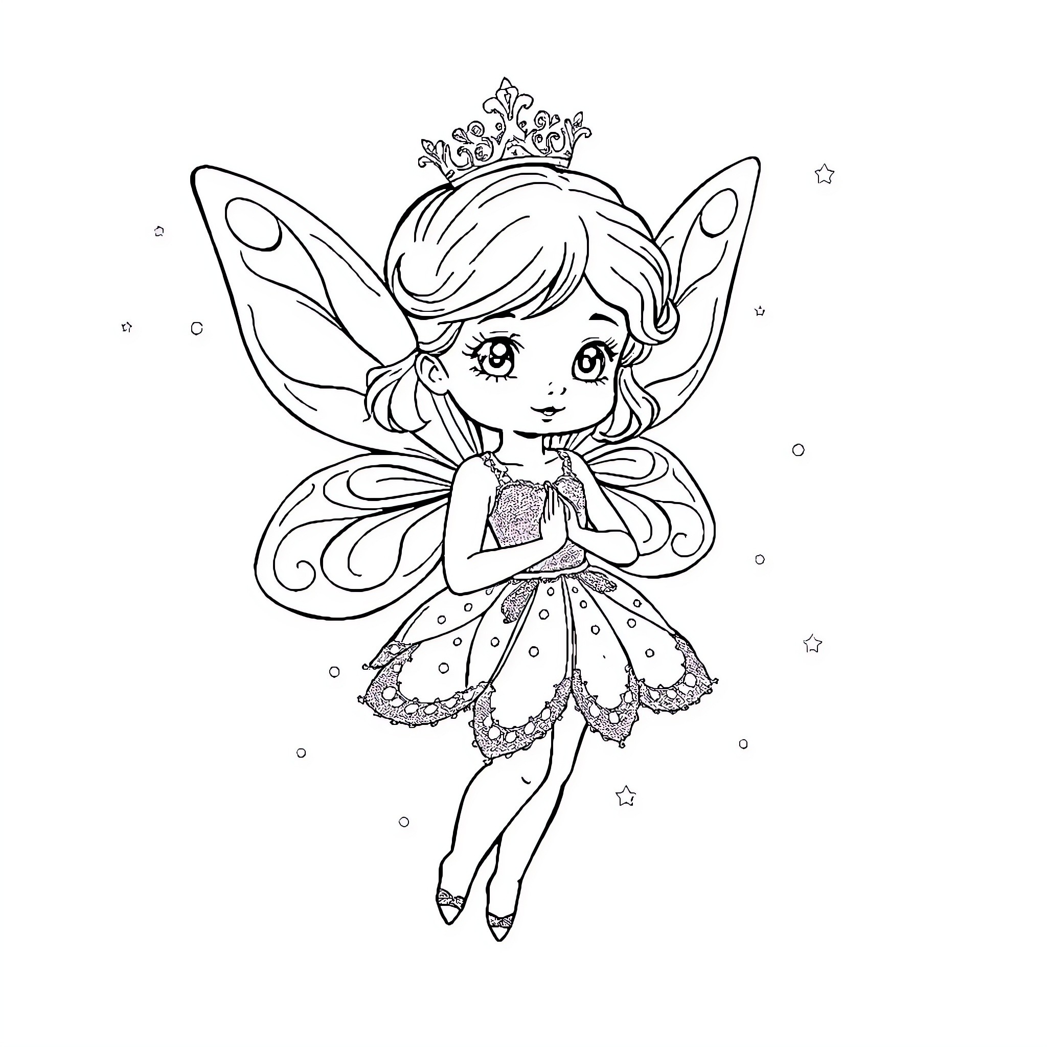 Fairy princess in elegant dress and butterfly wings Coloring Page (free black-and-white line drawing printable PDF for all, from beginners to advanced learners, including children, teens, adults, and seniors)