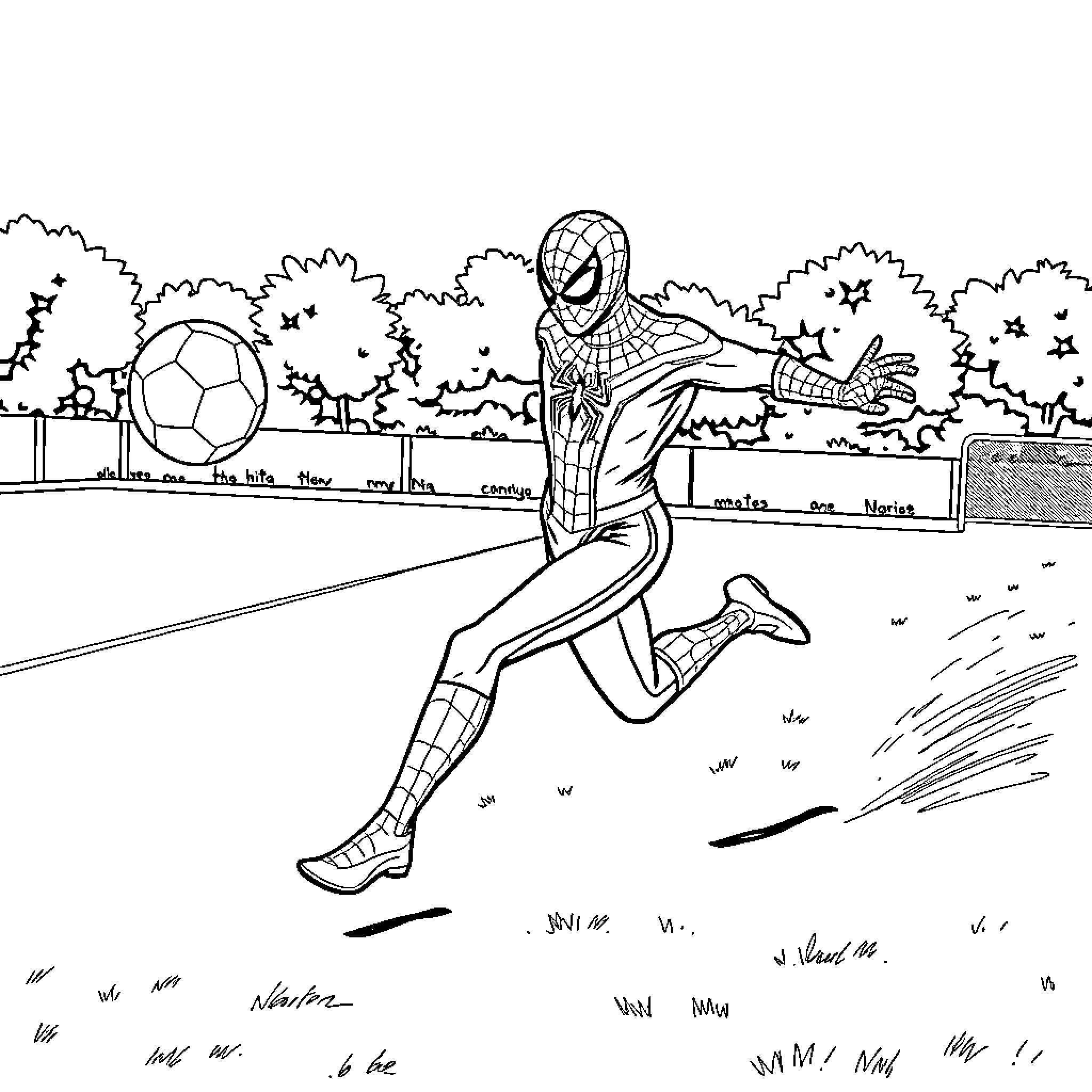 Spiderman kicking soccer ball in outdoor field Coloring Page (free black-and-white line drawing printable PDF for all, from beginners to advanced learners, including children, teens, adults, and seniors)