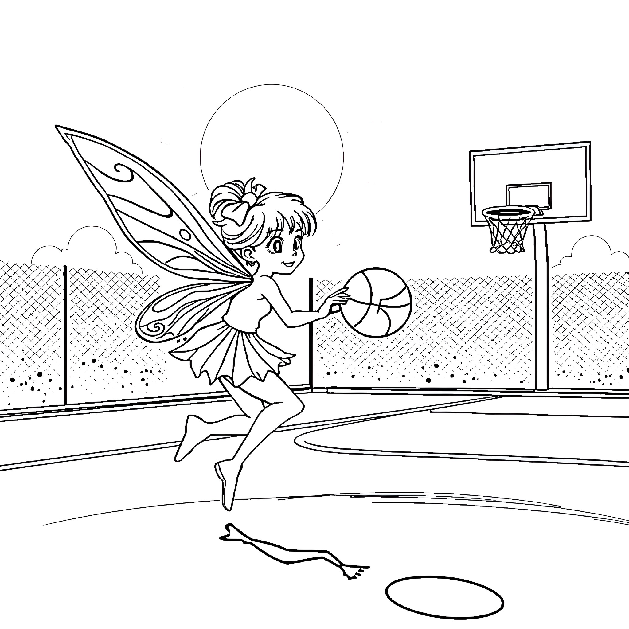 Fairy playing basketball on the court Coloring Page (free black-and-white line drawing printable PDF for all, from beginners to advanced learners, including children, teens, adults, and seniors)