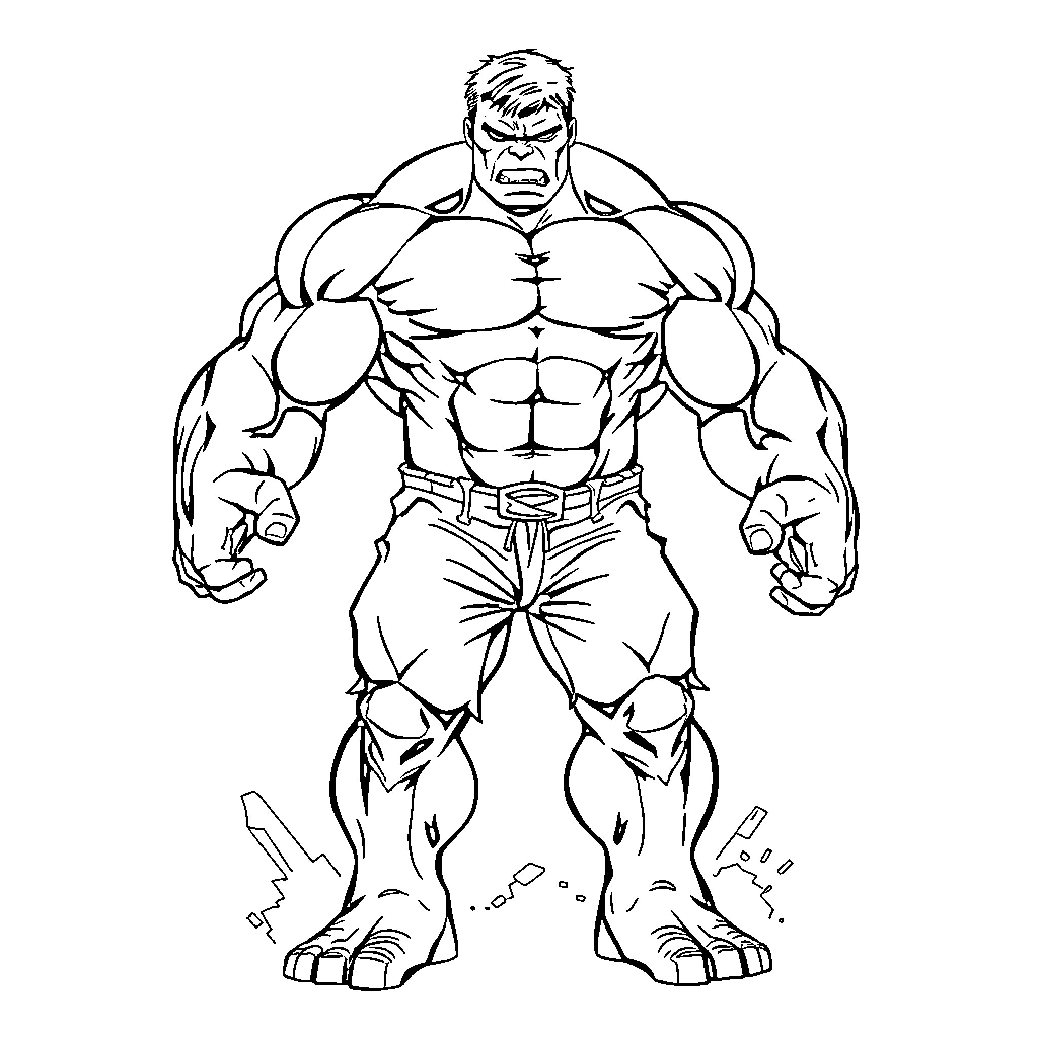 Hulk Smashing and Flexing Intensely Coloring Page (free black-and-white line drawing printable PDF for all, from beginners to advanced learners, including children, teens, adults, and seniors)