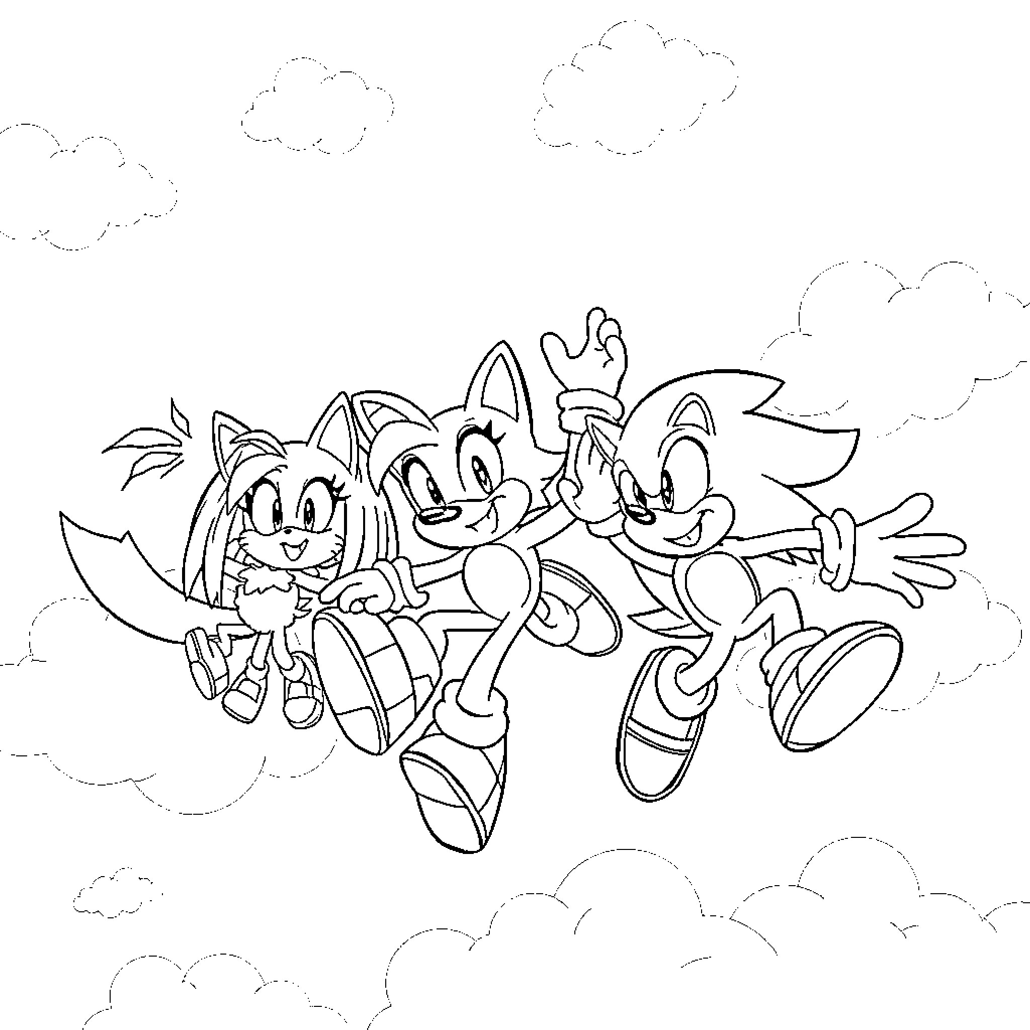 Sonic friends having an adventure in the clouds Coloring Page (free black-and-white line drawing printable PDF for all, from beginners to advanced learners, including children, teens, adults, and seniors)