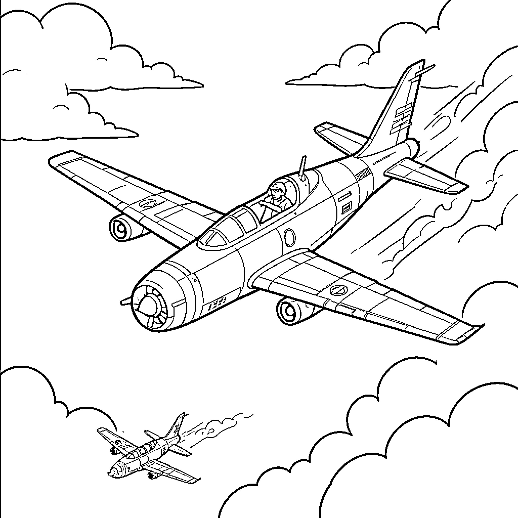 Thunderbird aircraft flying through the clouds Coloring Page (free black-and-white line drawing printable PDF for all, from beginners to advanced learners, including children, teens, adults, and seniors)