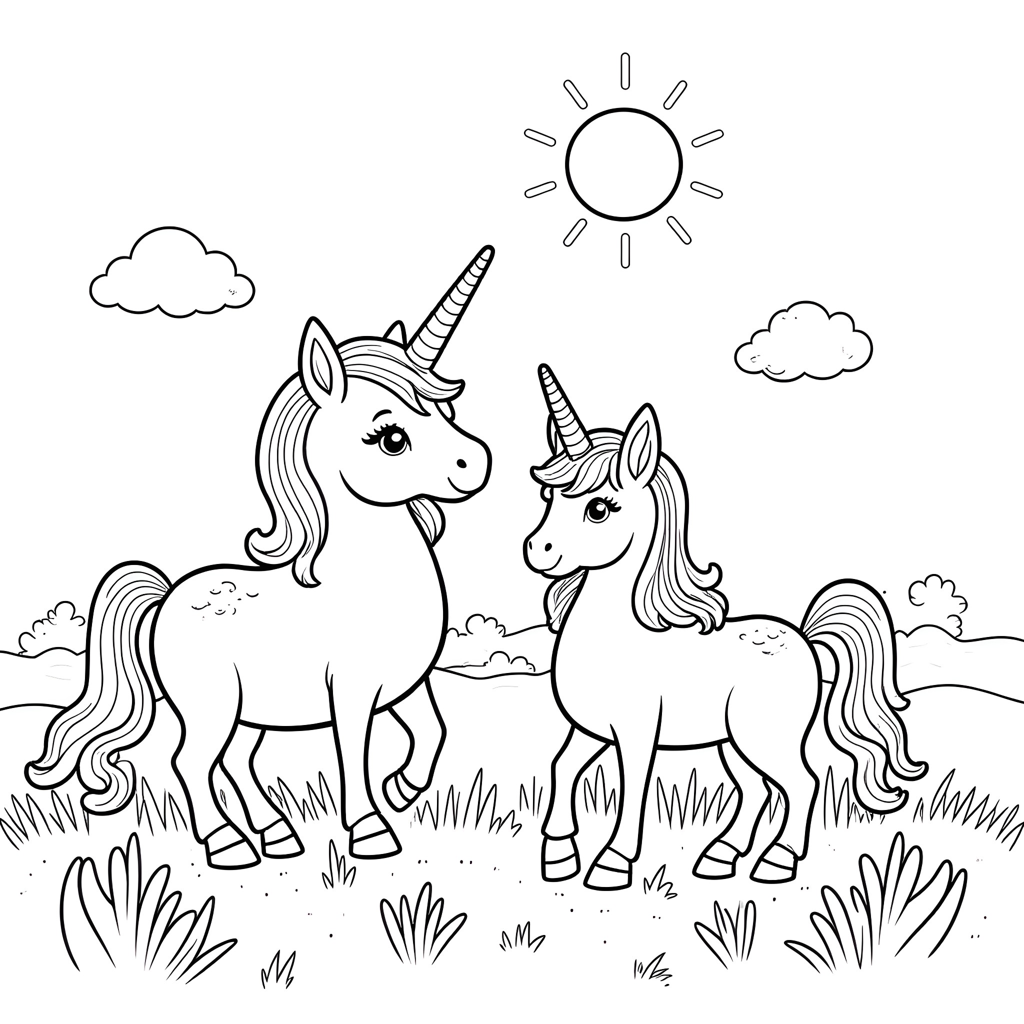 Unicorn friends enjoying a sunny day in the meadow Coloring Page (free black-and-white line drawing printable PDF for all, from beginners to advanced learners, including children, teens, adults, and seniors)