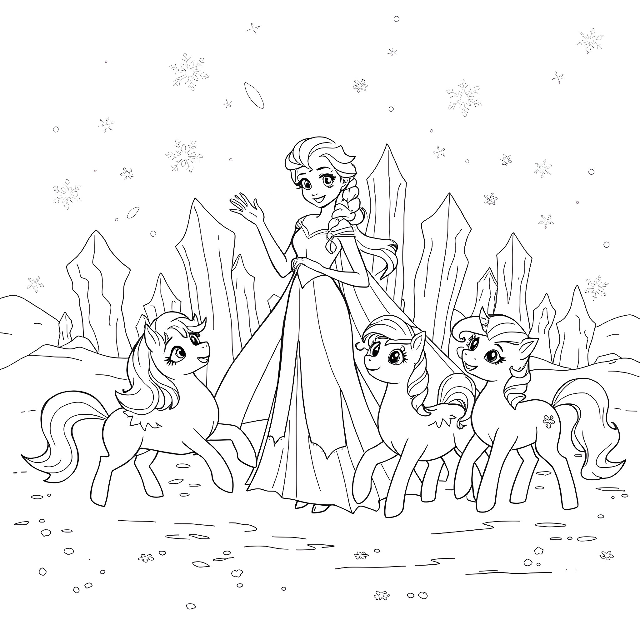 Pony and princess playing in the winter wonderland Coloring Page (free black-and-white line drawing printable PDF for all, from beginners to advanced learners, including children, teens, adults, and seniors)