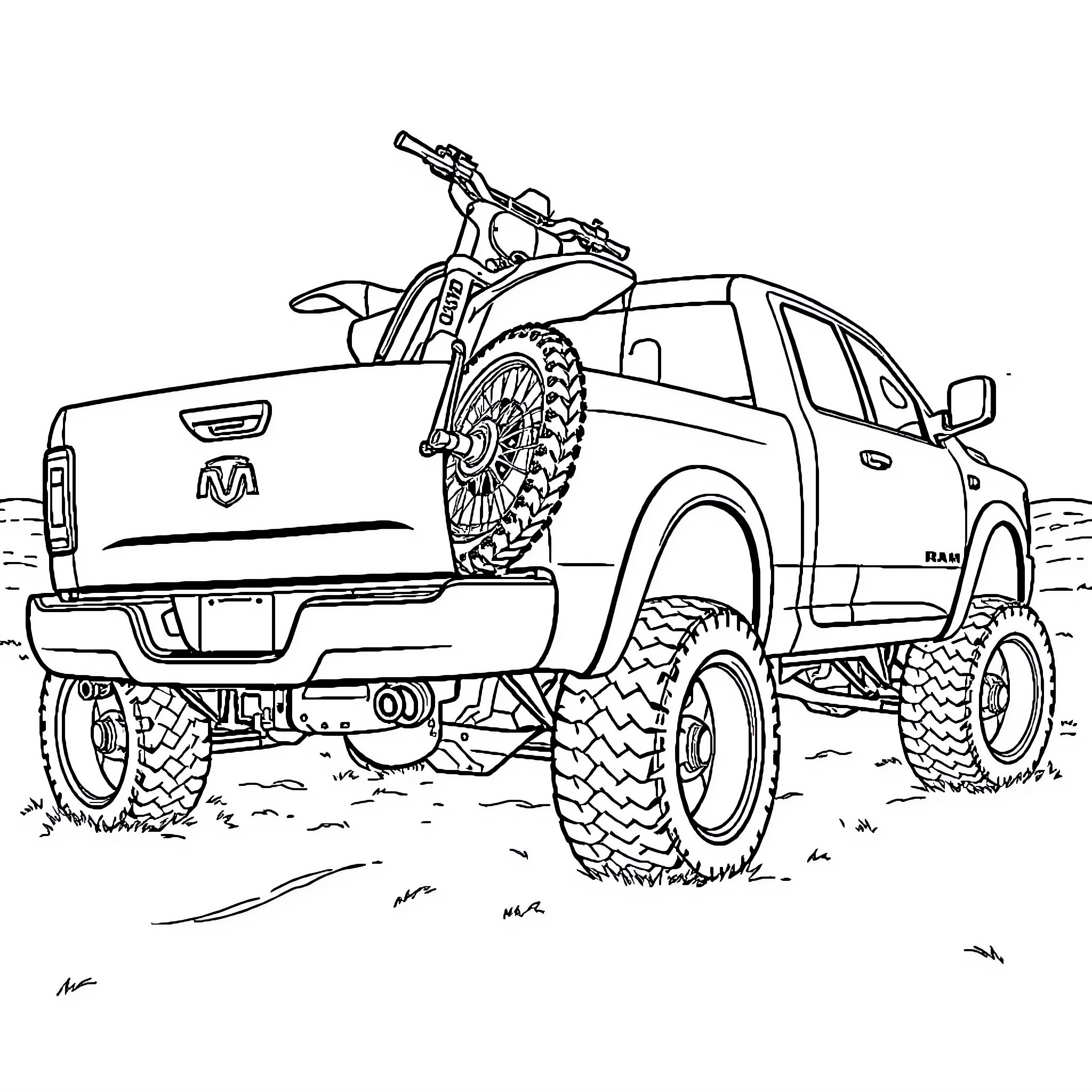Ram Off-Road Truck Navigating Rugged Terrain Coloring Page (free black-and-white line drawing printable PDF for all, from beginners to advanced learners, including children, teens, adults, and seniors)
