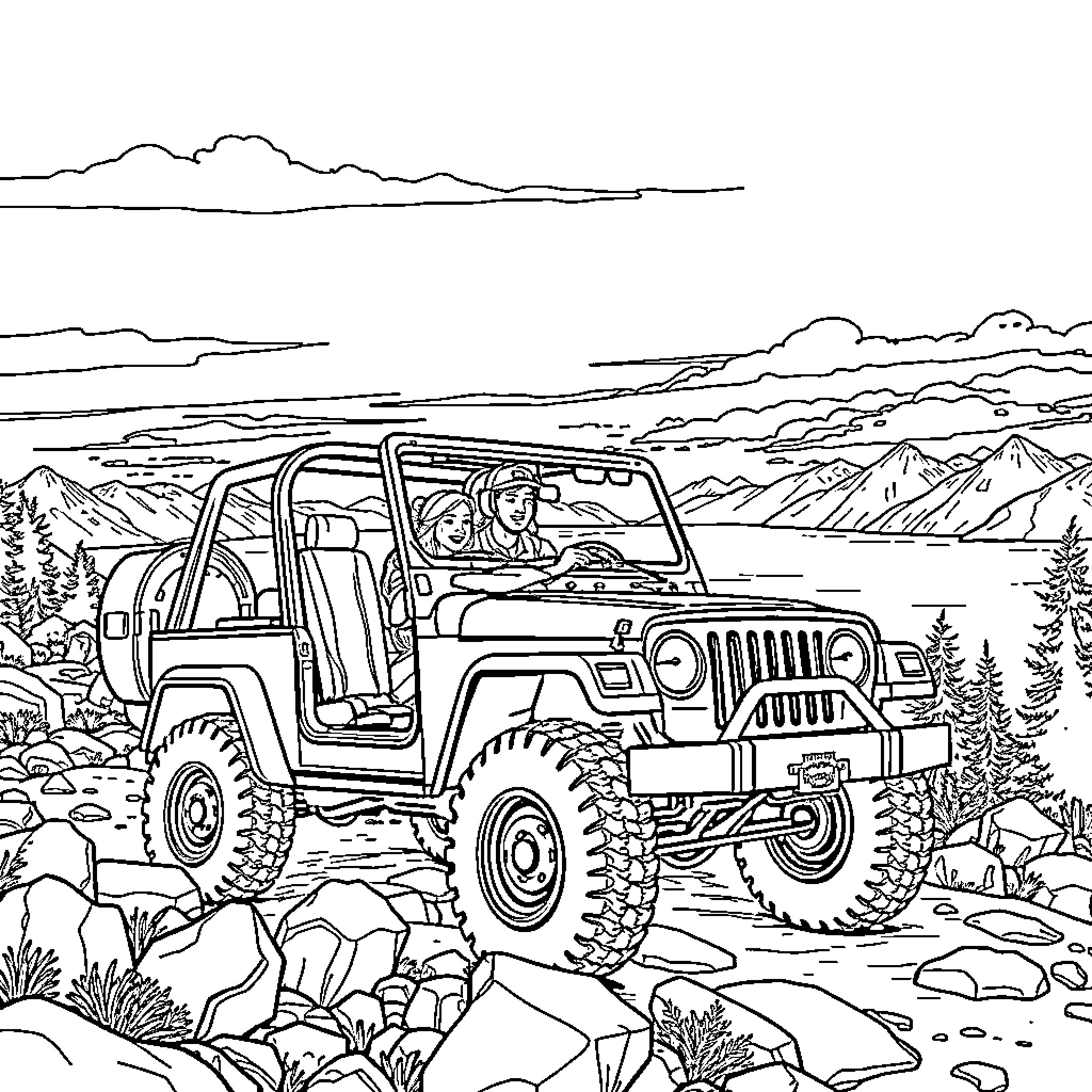 Car Exploring Scenic Outdoor Adventure Landscape Coloring Page (free black-and-white line drawing printable PDF for all, from beginners to advanced learners, including children, teens, adults, and seniors)