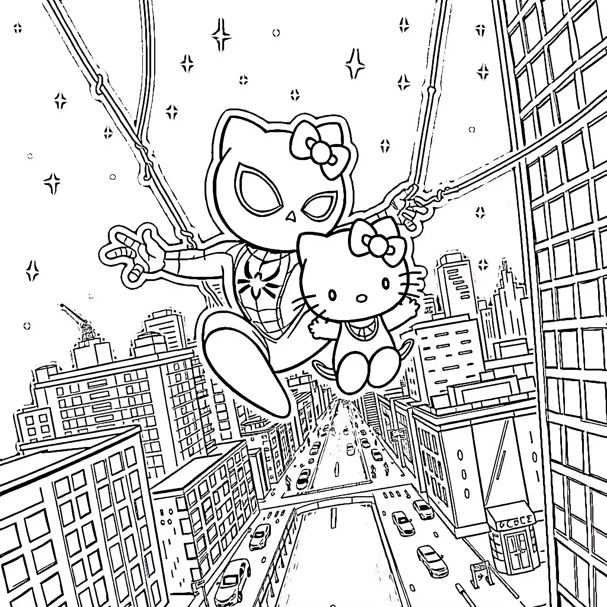 Spider-Man Hello Kitty Swinging Through the City Coloring Page (free black-and-white line drawing printable PDF for all, from beginners to advanced learners, including children, teens, adults, and seniors)