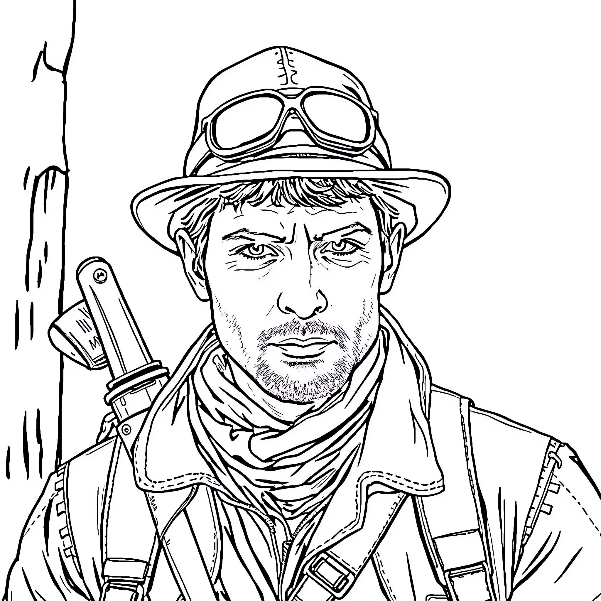 Jeremy Gilbert in Rugged Adventurer Outfit Coloring Page (free black-and-white line drawing printable PDF for all, from beginners to advanced learners, including children, teens, adults, and seniors)