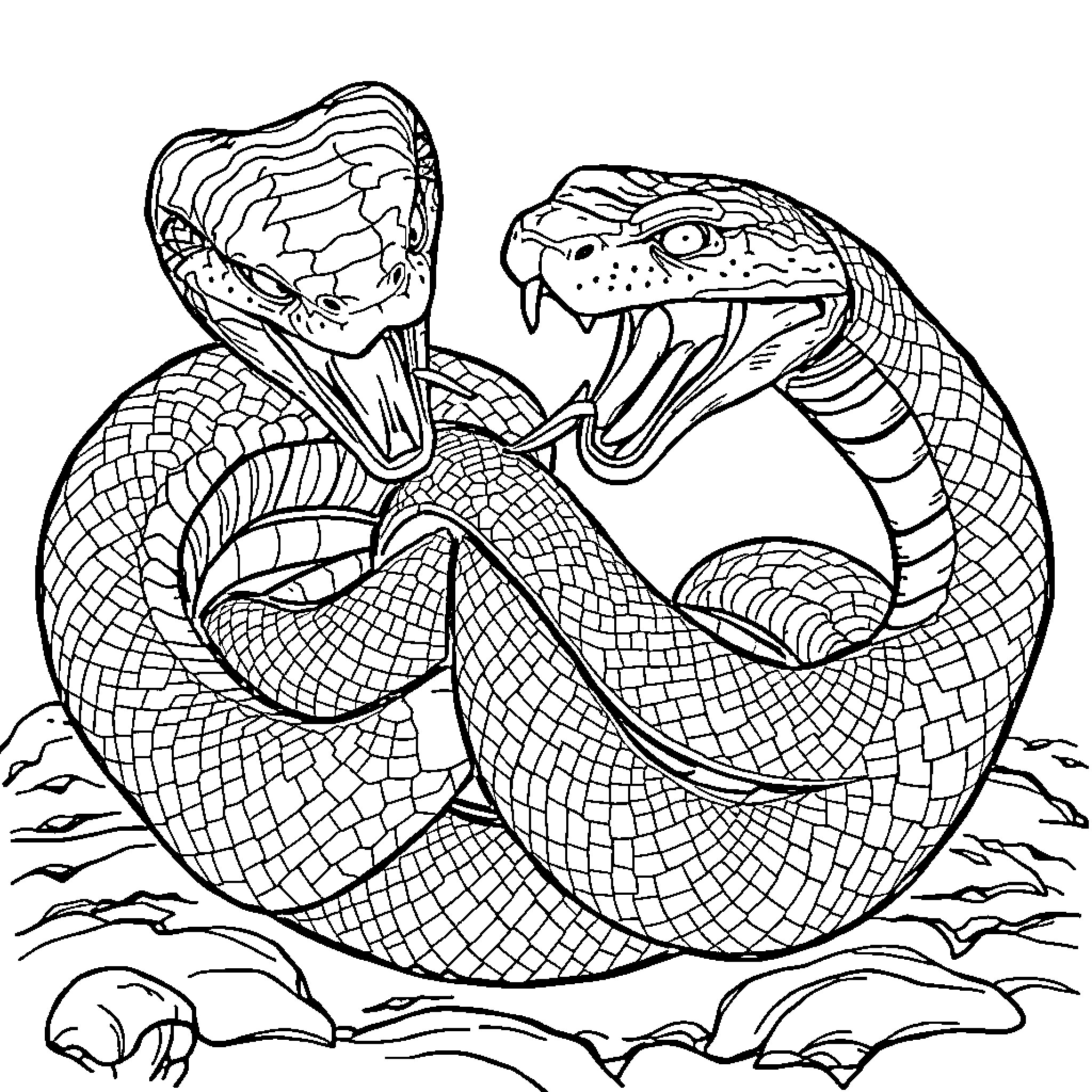 Snake coiled and hissing aggressively Coloring Page (free black-and-white line drawing printable PDF for all, from beginners to advanced learners, including children, teens, adults, and seniors)
