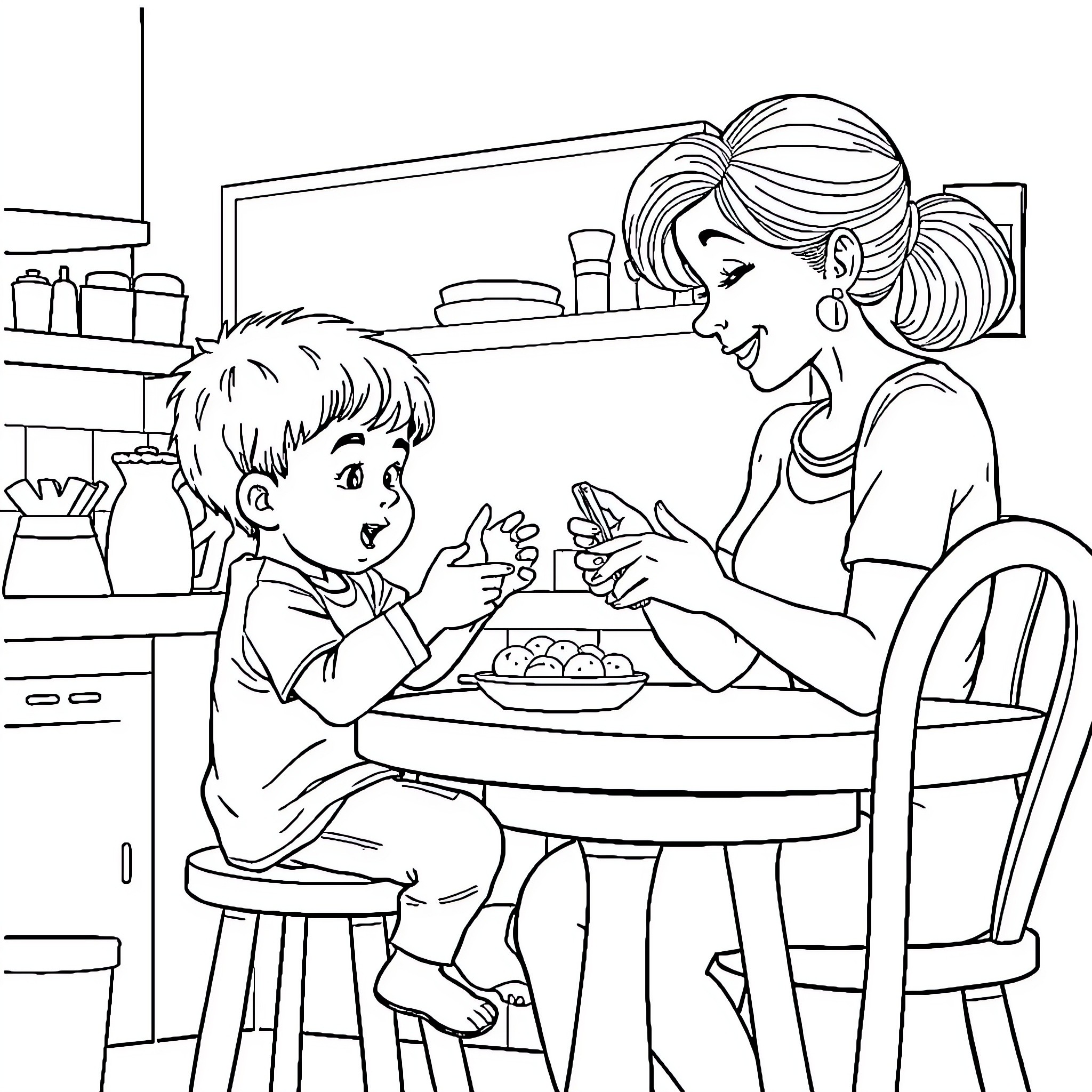 Niño sharing a snack with his mother in the kitchen Coloring Page (free black-and-white line drawing printable PDF for all, from beginners to advanced learners, including children, teens, adults, and seniors)