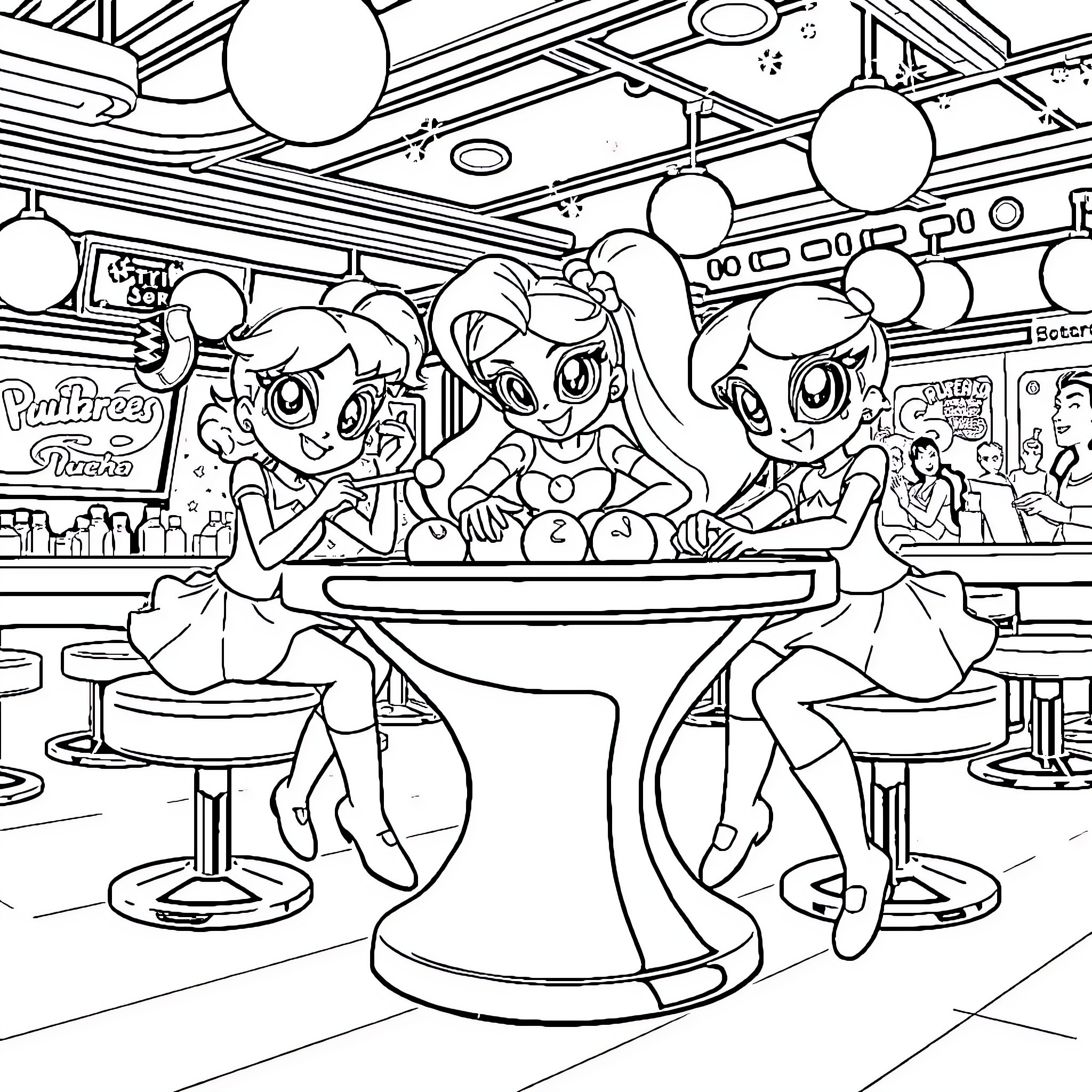 Powerpuff Girls enjoying a fun day at the diner Coloring Page (free black-and-white line drawing printable PDF for all, from beginners to advanced learners, including children, teens, adults, and seniors)