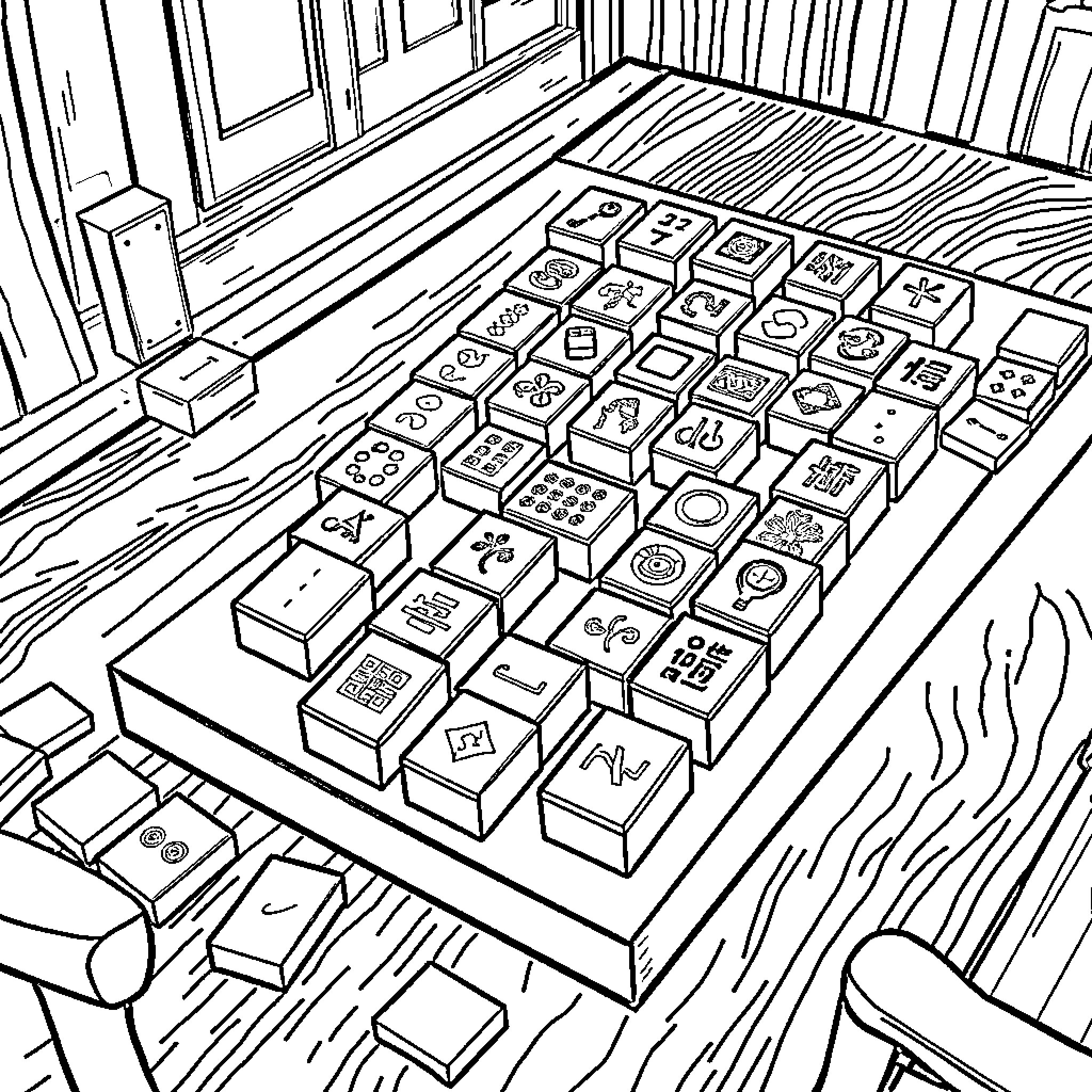 Mahjong Game with Tiles and Scenery Coloring Page (free black-and-white line drawing printable PDF for all, from beginners to advanced learners, including children, teens, adults, and seniors)