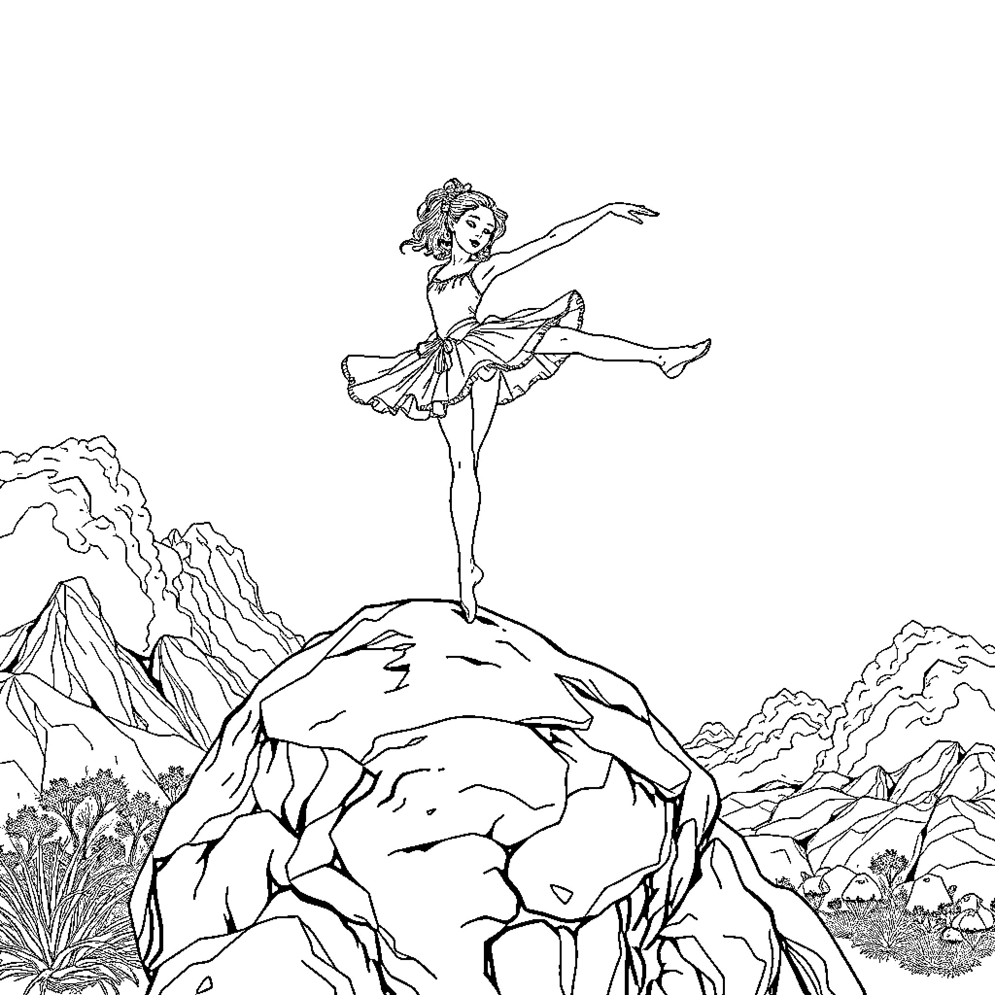 Ballerina dancing gracefully on a rocky mountain backdrop Coloring Page (free black-and-white line drawing printable PDF for all, from beginners to advanced learners, including children, teens, adults, and seniors)