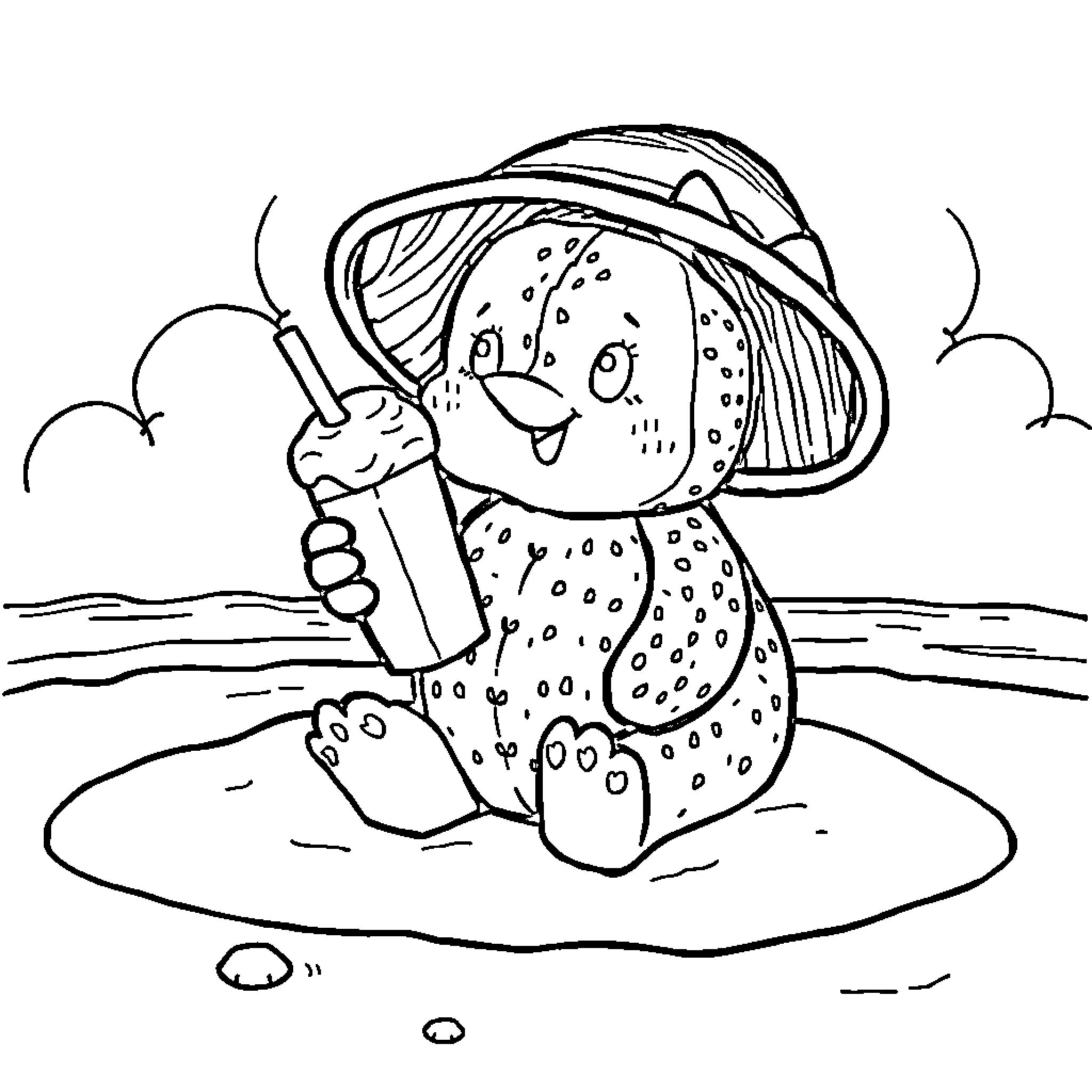 Conejita playing in the rain Coloring Page (free black-and-white line drawing printable PDF for all, from beginners to advanced learners, including children, teens, adults, and seniors)