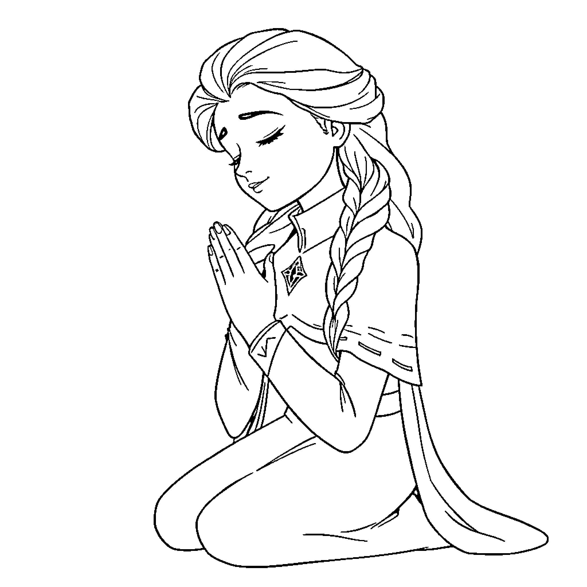 Elsa in a thoughtful, contemplative pose Coloring Page (free black-and-white line drawing printable PDF for all, from beginners to advanced learners, including children, teens, adults, and seniors)