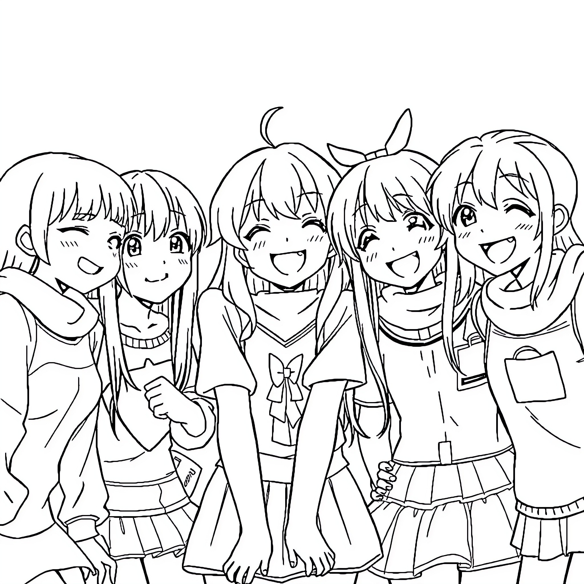 Kuromi and friends sharing a joyful moment Coloring Page (free black-and-white line drawing printable PDF for all, from beginners to advanced learners, including children, teens, adults, and seniors)