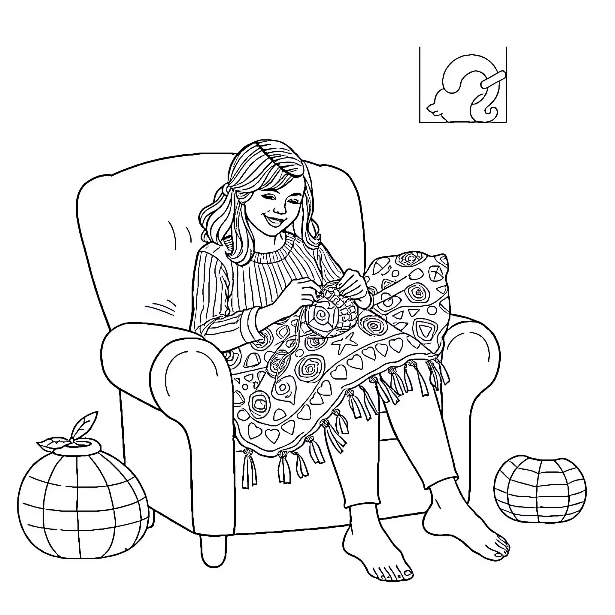 Woman relaxing on couch with patterned blanket Coloring Page (free black-and-white line drawing printable PDF for all, from beginners to advanced learners, including children, teens, adults, and seniors)