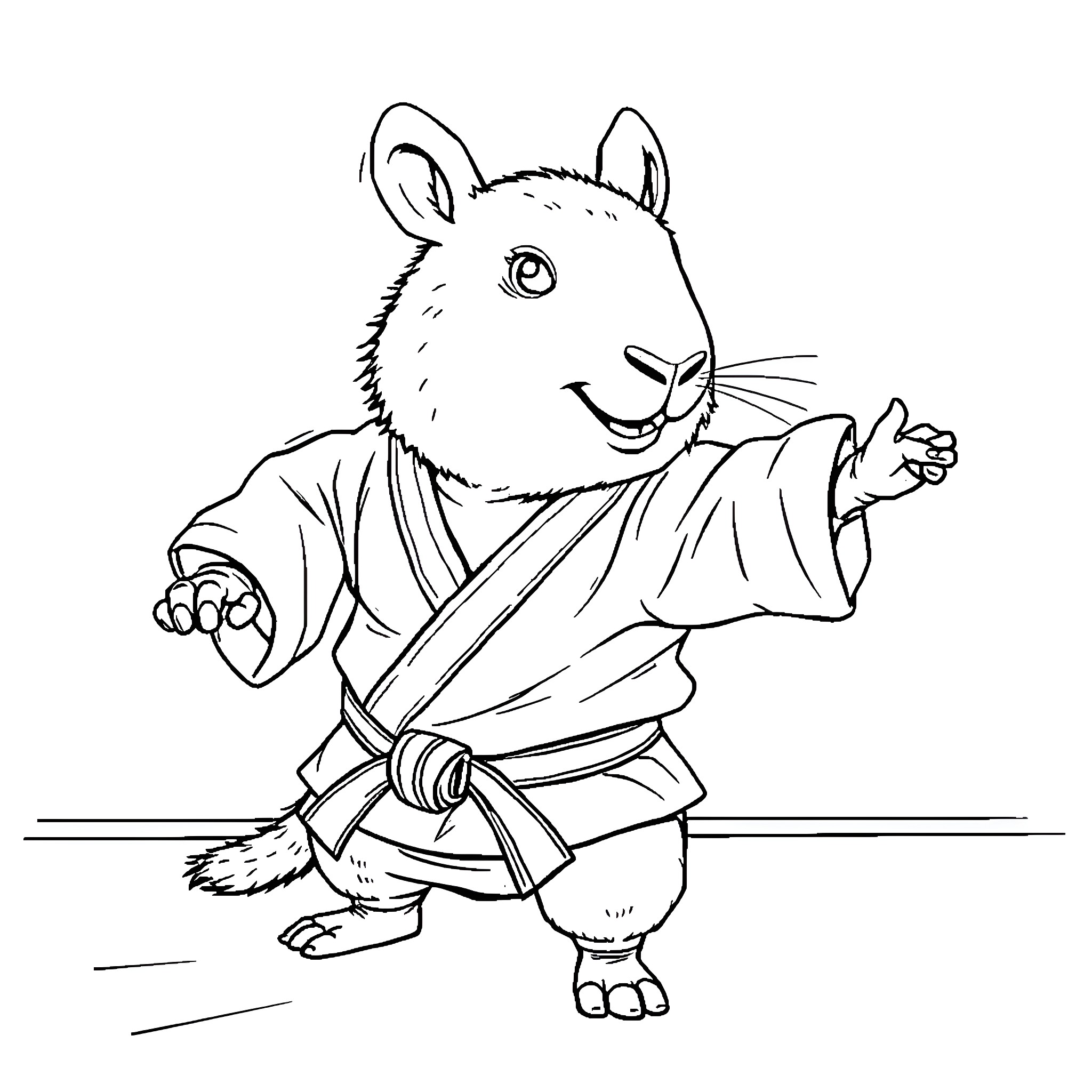 Kapybara practicing martial arts in traditional outfit Coloring Page (free black-and-white line drawing printable PDF for all, from beginners to advanced learners, including children, teens, adults, and seniors)