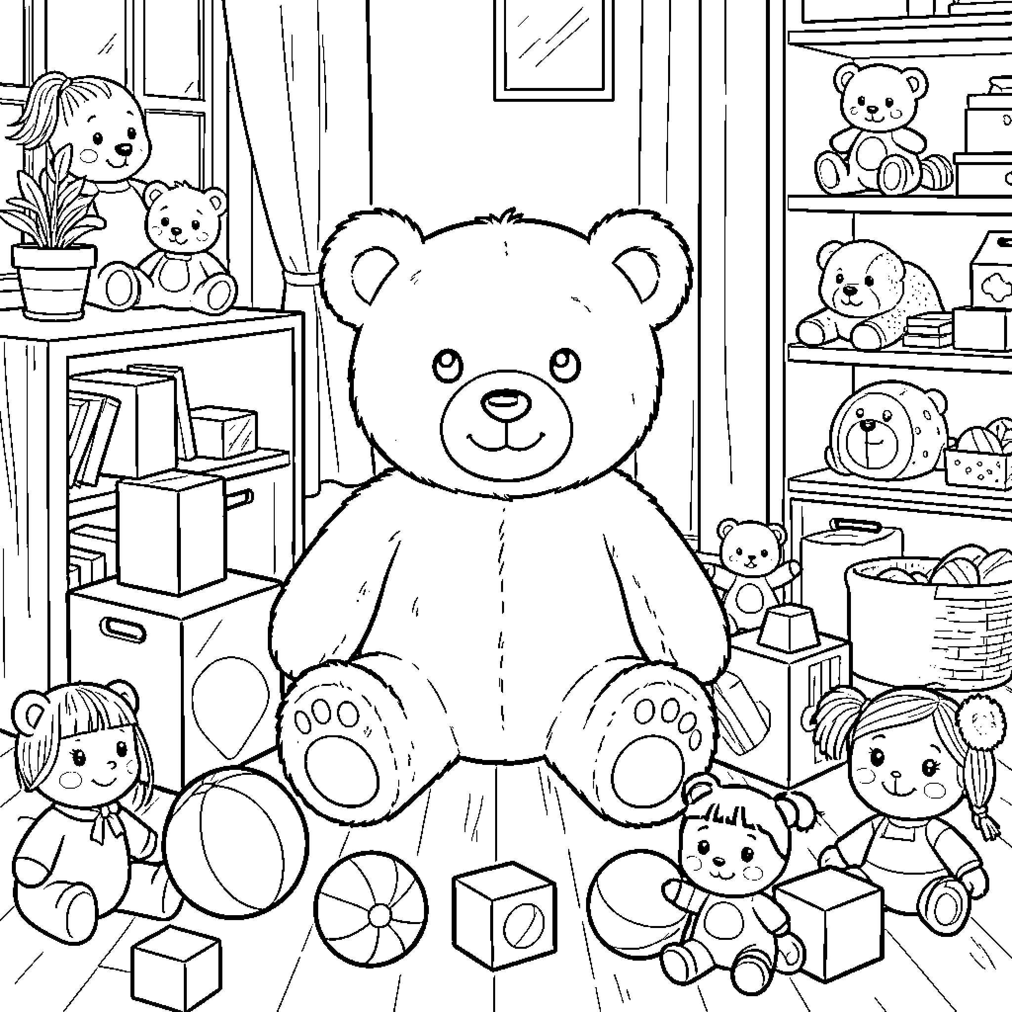 Oso sitting amidst many toys in a playroom Coloring Page (free black-and-white line drawing printable PDF for all, from beginners to advanced learners, including children, teens, adults, and seniors)
