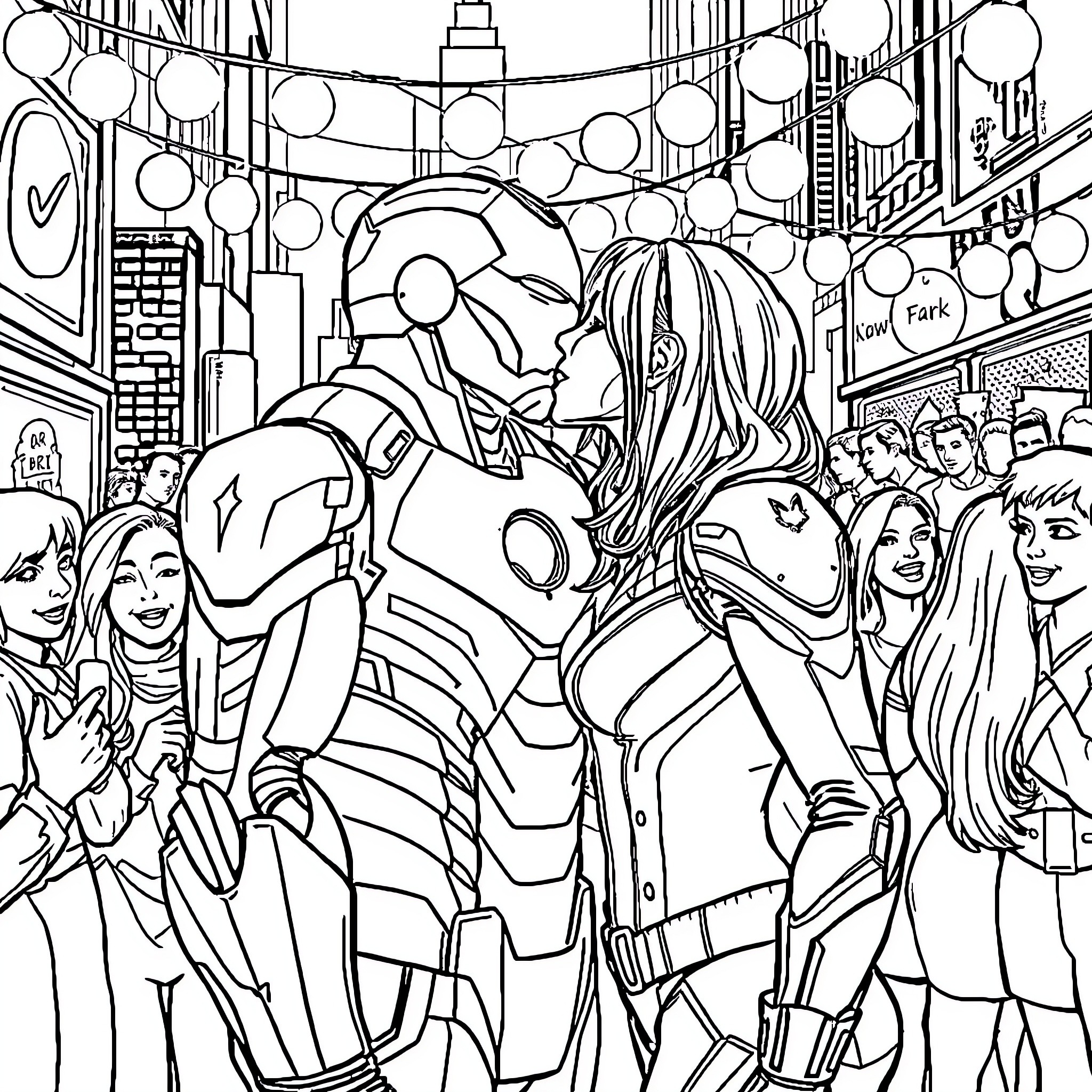 Black Widow enjoying nightlife with superheroes Coloring Page (free black-and-white line drawing printable PDF for all, from beginners to advanced learners, including children, teens, adults, and seniors)