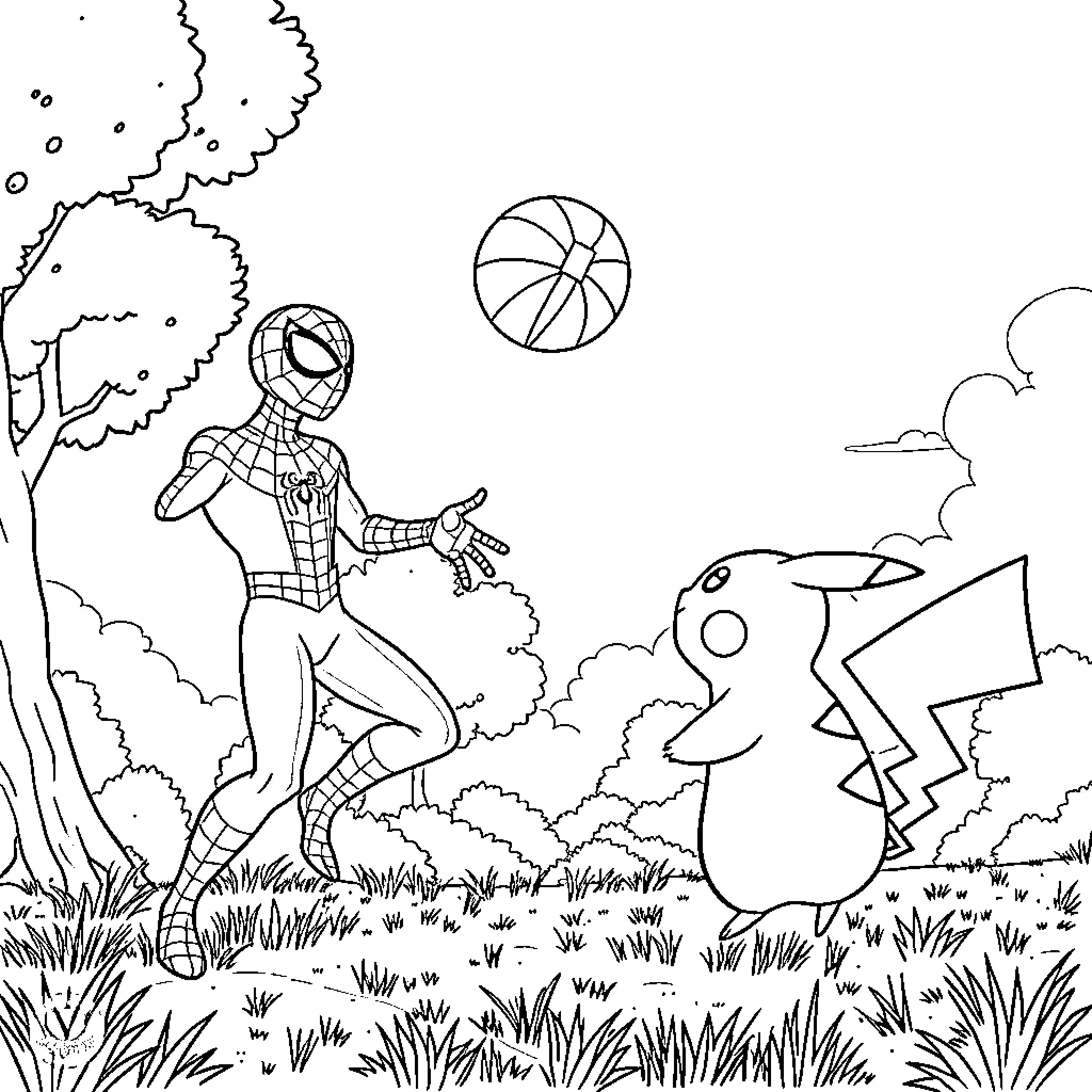 Spider-Man enjoying a playful day outdoors Coloring Page (free black-and-white line drawing printable PDF for all, from beginners to advanced learners, including children, teens, adults, and seniors)