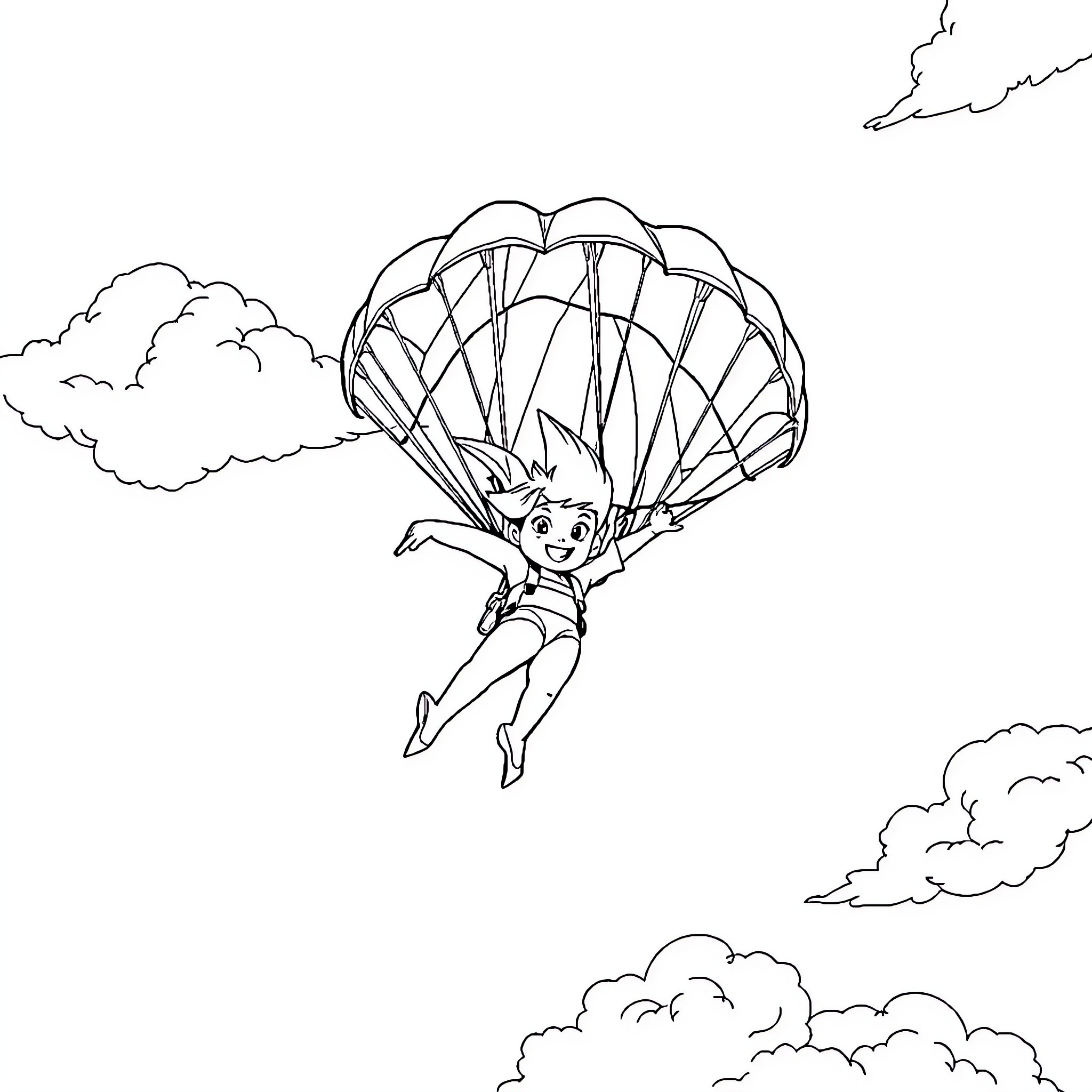 Cinderella's Exciting Parachute Adventure Coloring Page (free black-and-white line drawing printable PDF for all, from beginners to advanced learners, including children, teens, adults, and seniors)