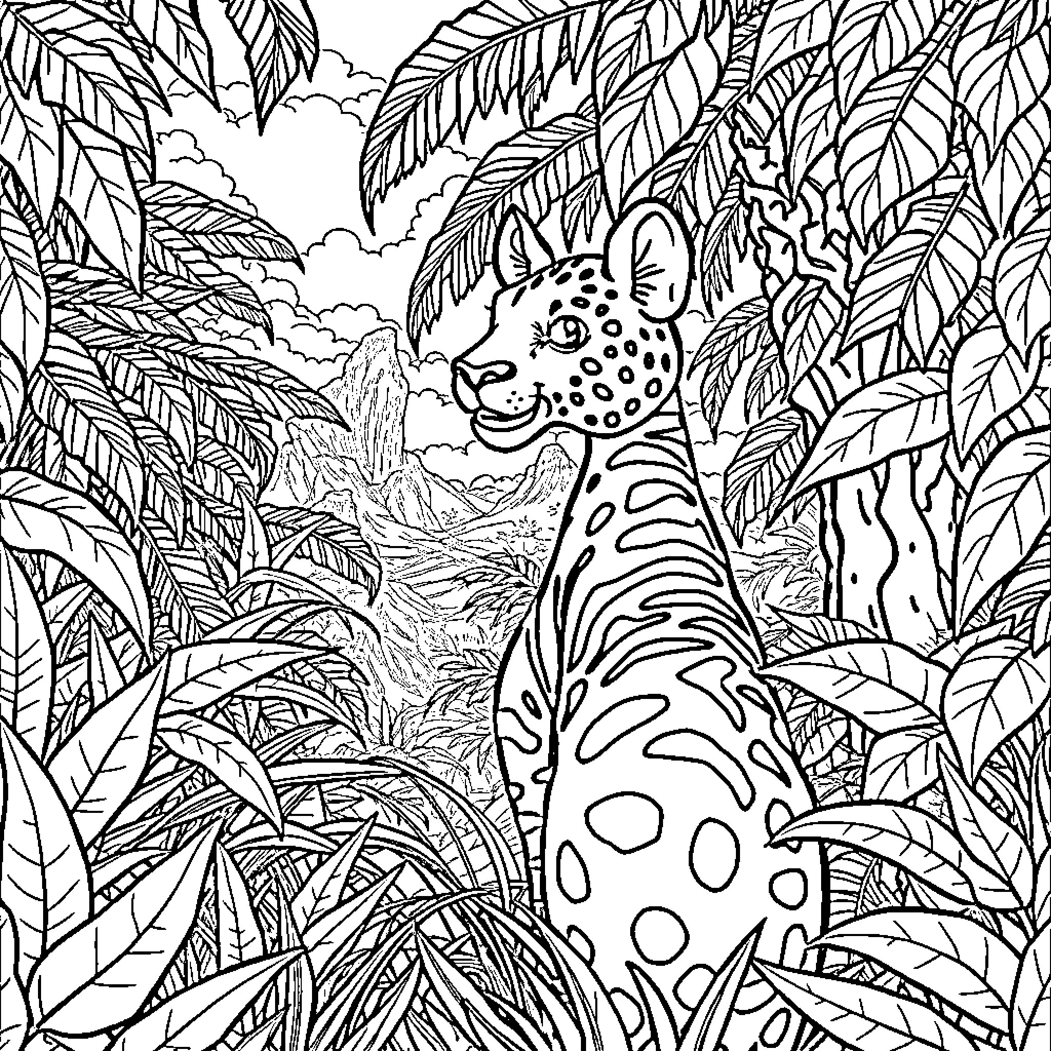 Maya the Jaguar Roaming Through the Lush Jungle Coloring Page (free black-and-white line drawing printable PDF for all, from beginners to advanced learners, including children, teens, adults, and seniors)