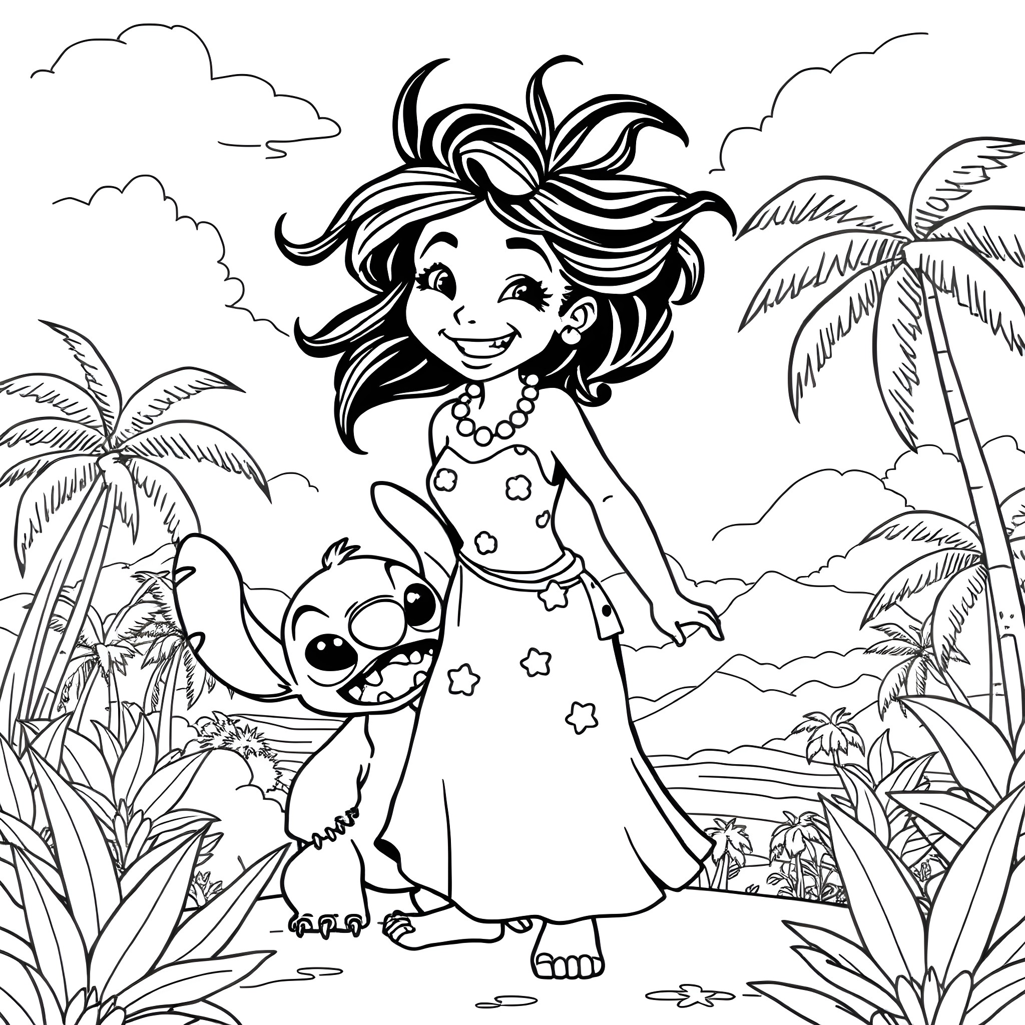 Lilo and Stitch enjoying a tropical paradise Coloring Page (free black-and-white line drawing printable PDF for all, from beginners to advanced learners, including children, teens, adults, and seniors)