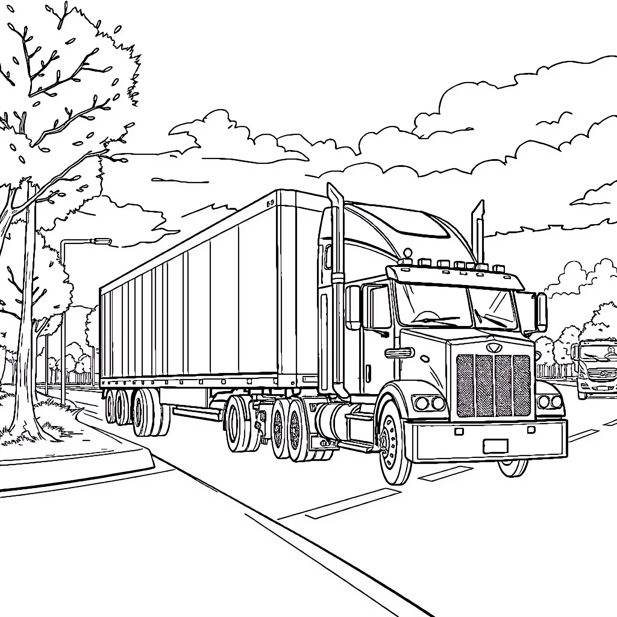 Cybertruck semi-truck driving down the road Coloring Page (free black-and-white line drawing printable PDF for all, from beginners to advanced learners, including children, teens, adults, and seniors)