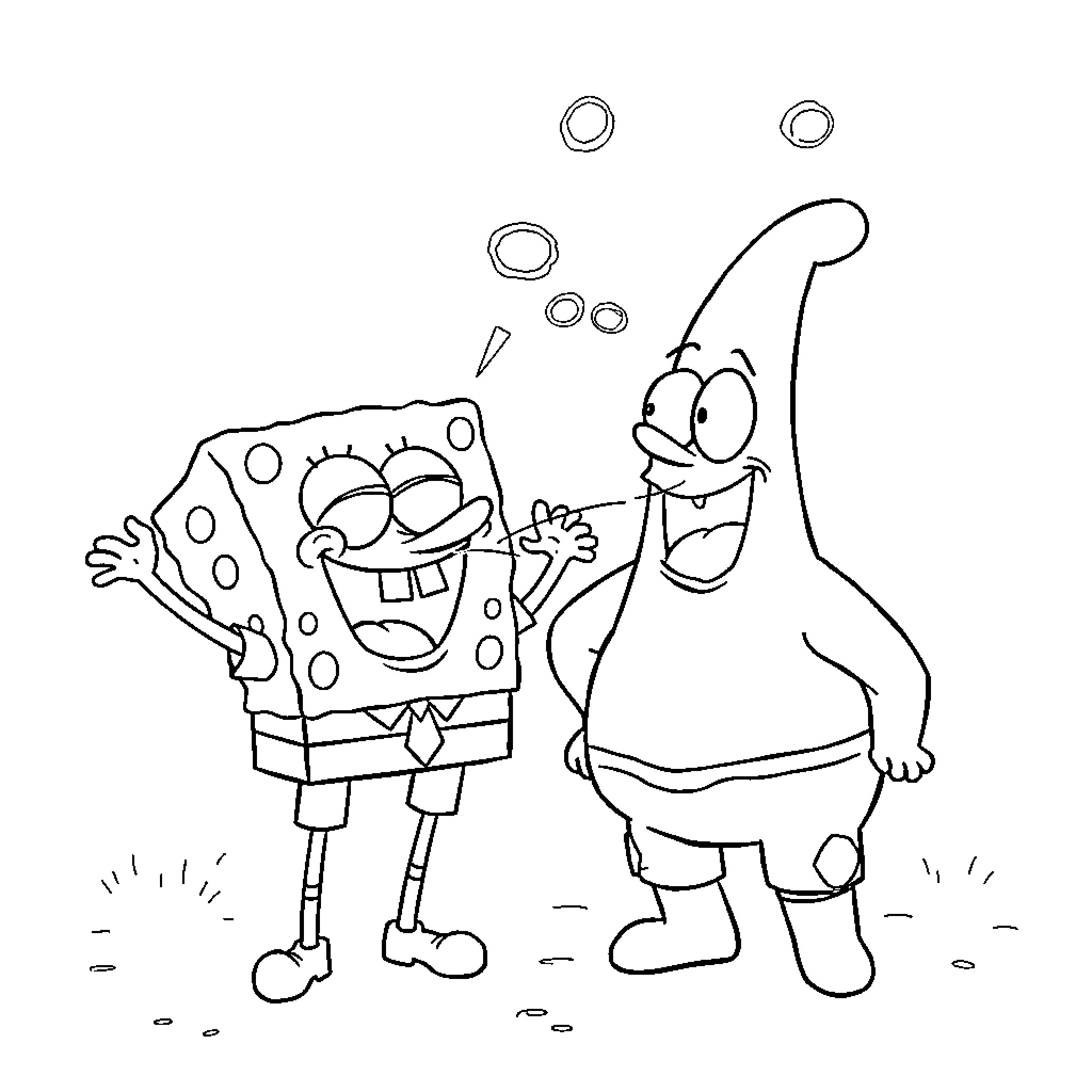 Spongebob and Patrick having fun together Coloring Page (free black-and-white line drawing printable PDF for all, from beginners to advanced learners, including children, teens, adults, and seniors)