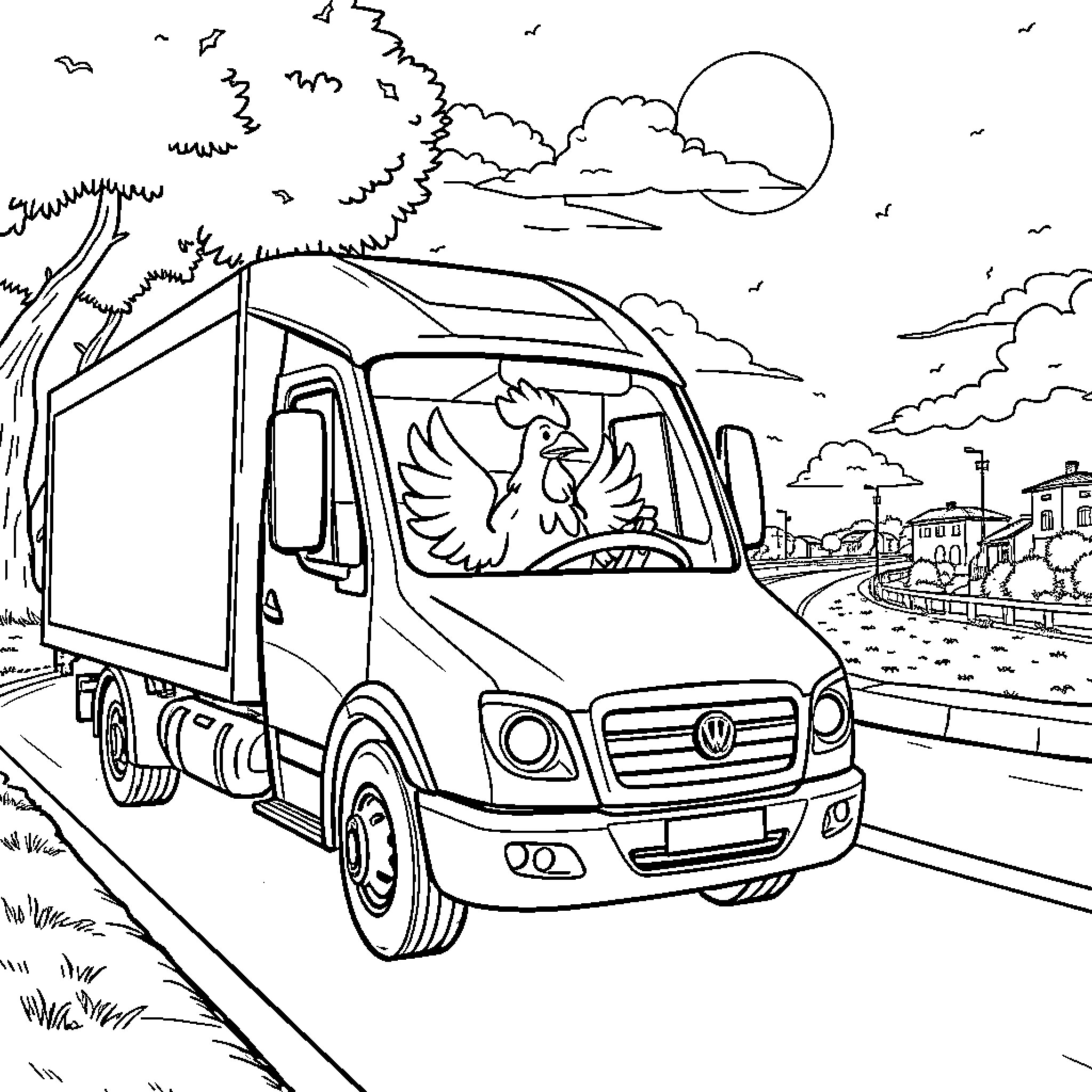 Cybertruck Delivery Truck Soaring Through Countryside Coloring Page (free black-and-white line drawing printable PDF for all, from beginners to advanced learners, including children, teens, adults, and seniors)