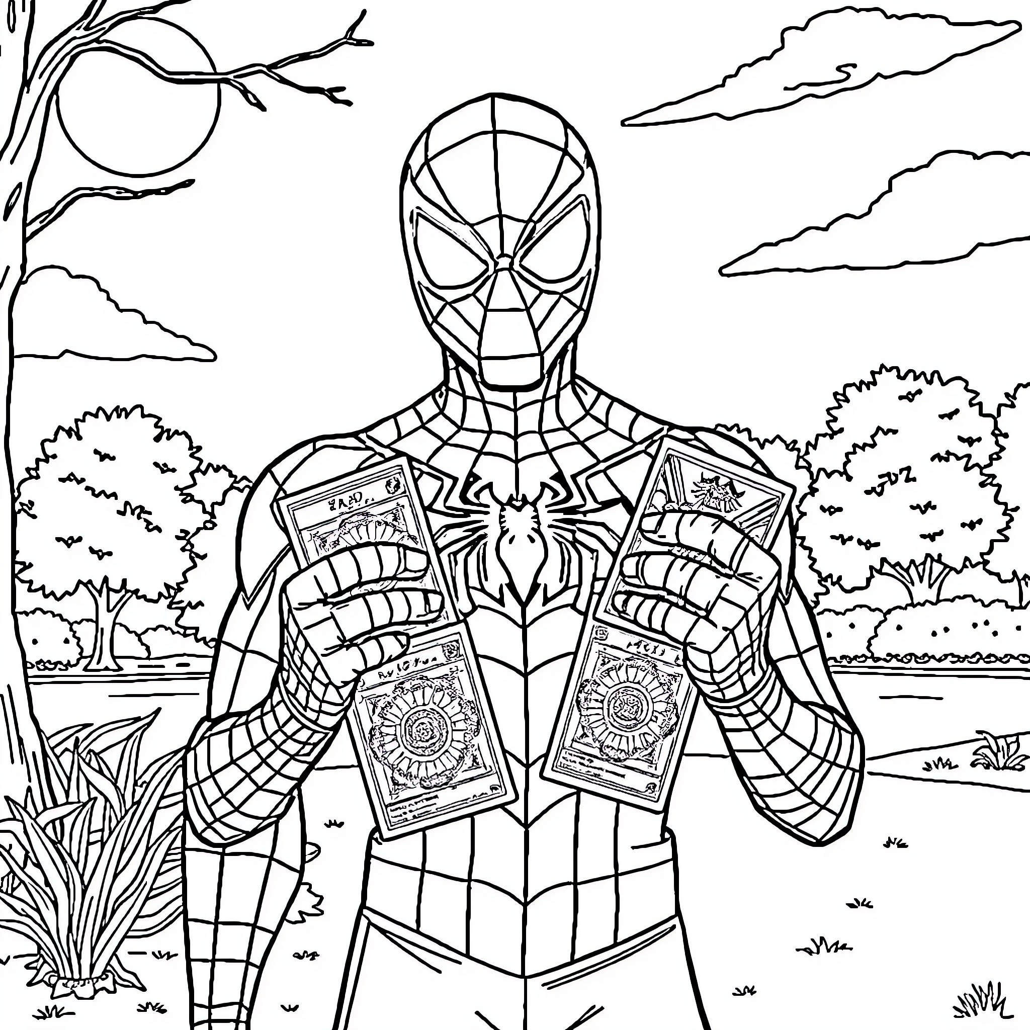 Spiderman wielding magical artifacts in nature Coloring Page (free black-and-white line drawing printable PDF for all, from beginners to advanced learners, including children, teens, adults, and seniors)