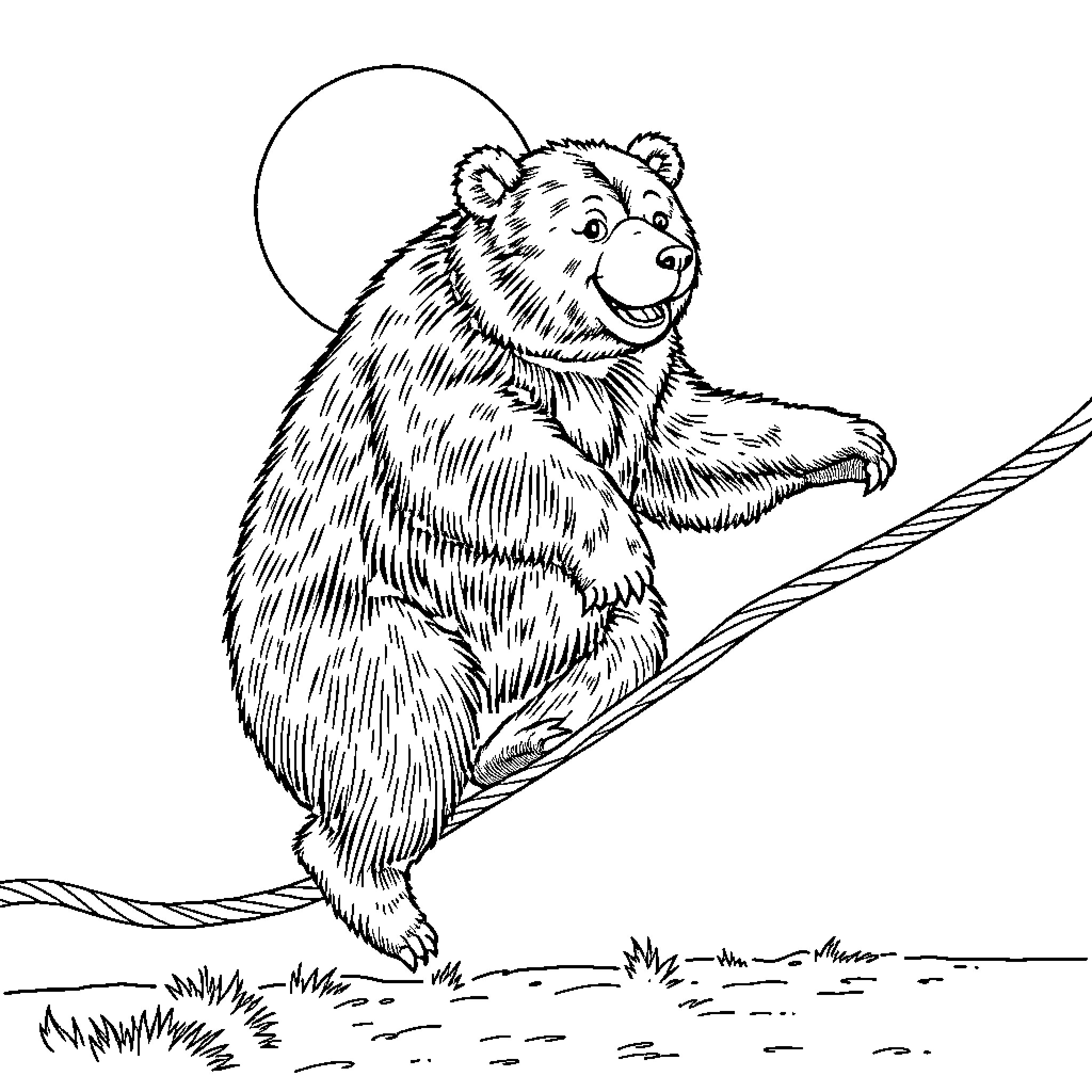 Bear balancing on a tightrope Coloring Page (free black-and-white line drawing printable PDF for all, from beginners to advanced learners, including children, teens, adults, and seniors)