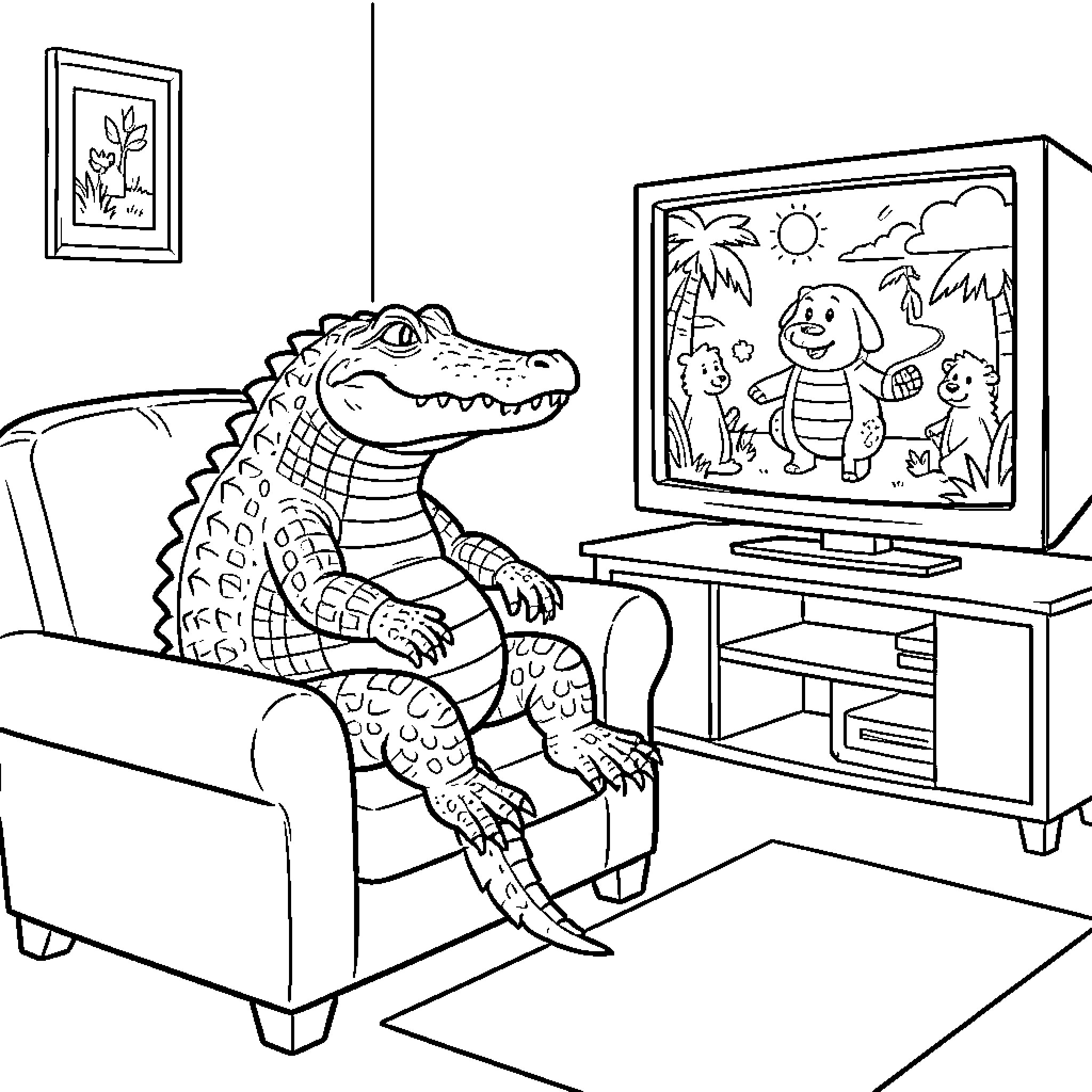 Alligator enjoying a cartoon on television Coloring Page (free black-and-white line drawing printable PDF for all, from beginners to advanced learners, including children, teens, adults, and seniors)