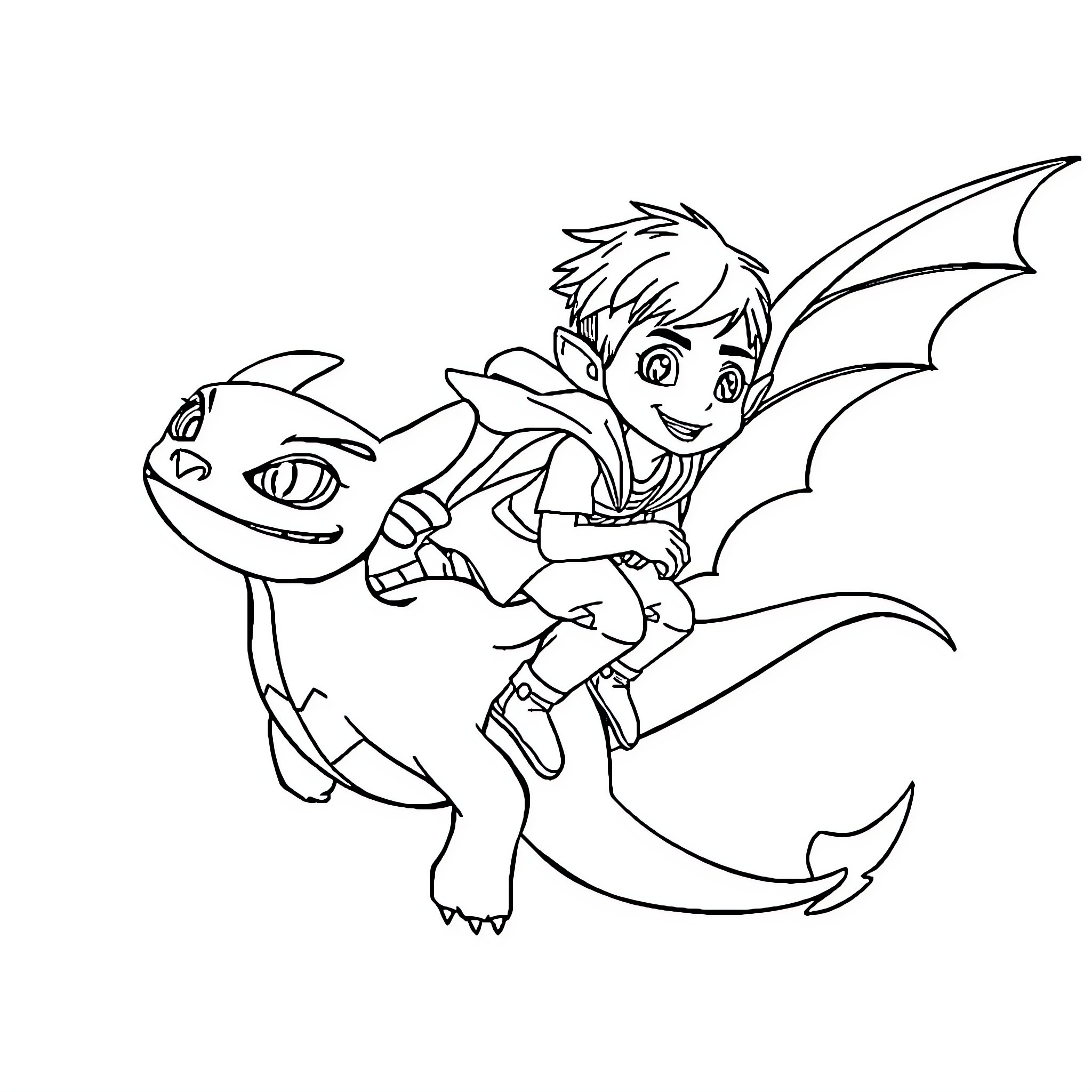 Hiccup and His Friendly Dragon Companion Coloring Page (free black-and-white line drawing printable PDF for all, from beginners to advanced learners, including children, teens, adults, and seniors)