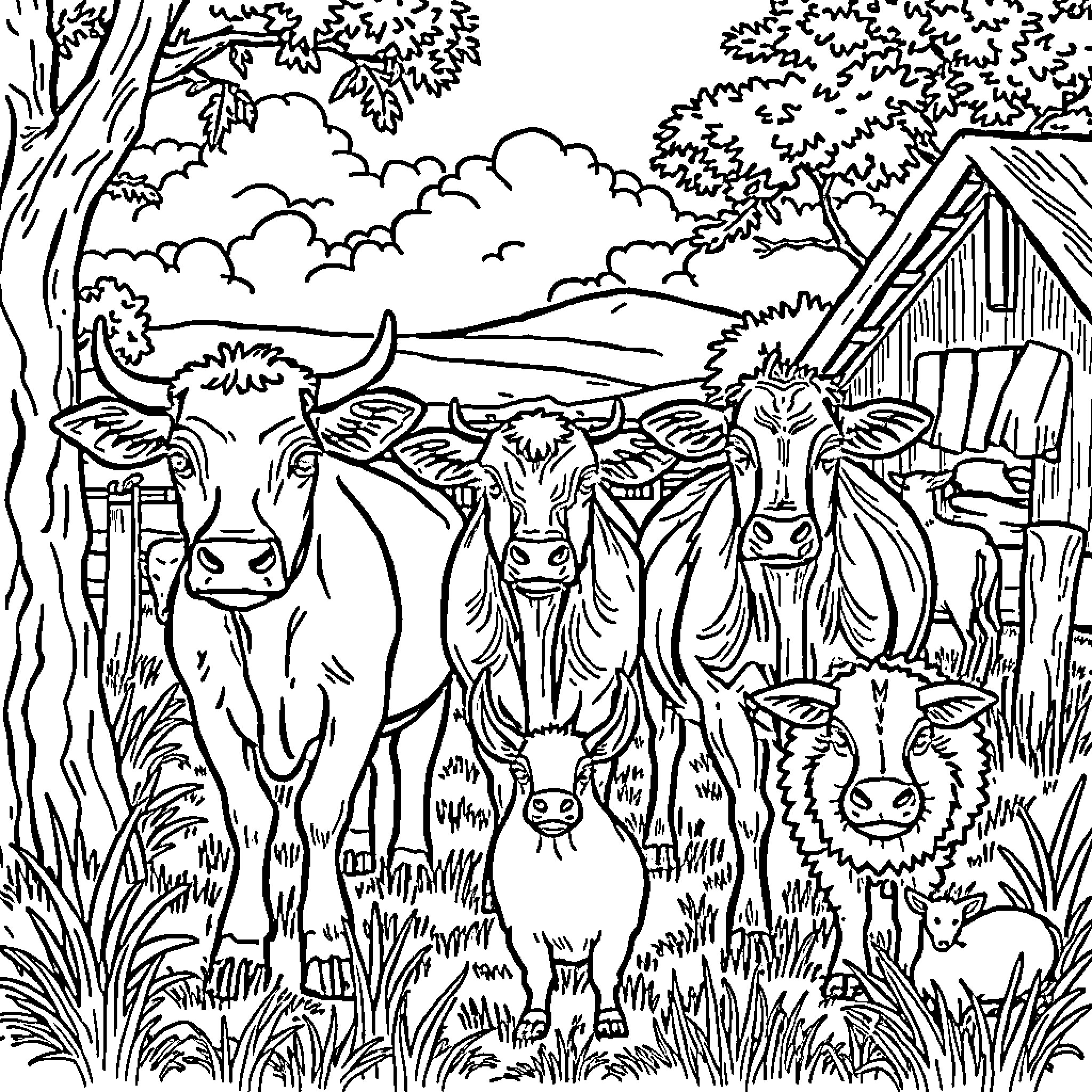 Farm Animals Gathered in a Pastoral Scene Coloring Page (free black-and-white line drawing printable PDF for all, from beginners to advanced learners, including children, teens, adults, and seniors)