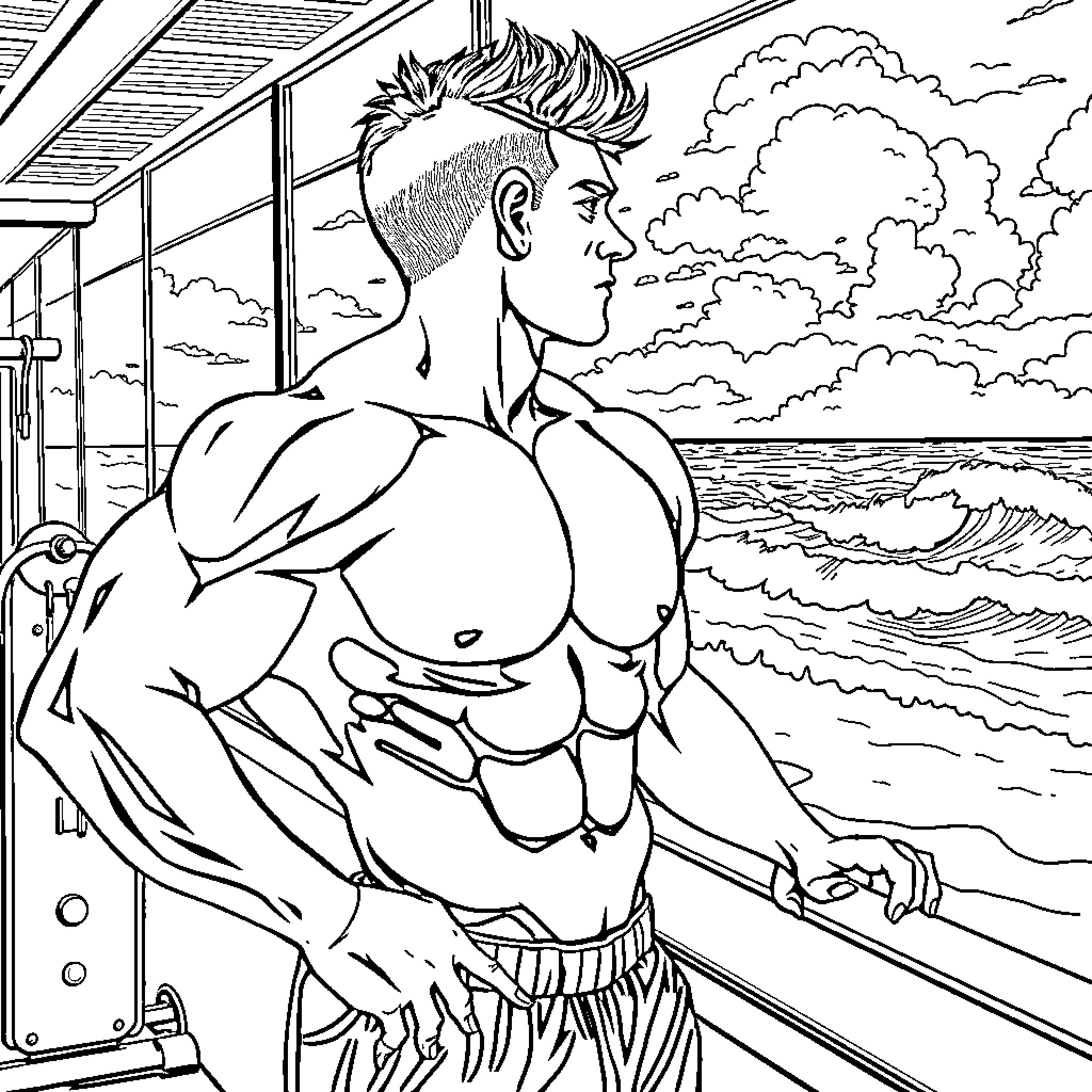 Chavo's Muscular Physique by the Beach Coloring Page (free black-and-white line drawing printable PDF for all, from beginners to advanced learners, including children, teens, adults, and seniors)