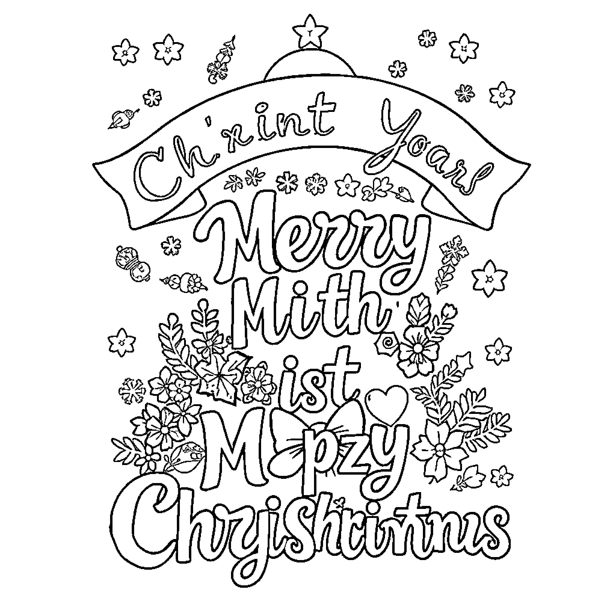 Christmas Card with Merry Mith ist Mepzy Chrgistmas Greetings Coloring Page (free black-and-white line drawing printable PDF for all, from beginners to advanced learners, including children, teens, adults, and seniors)