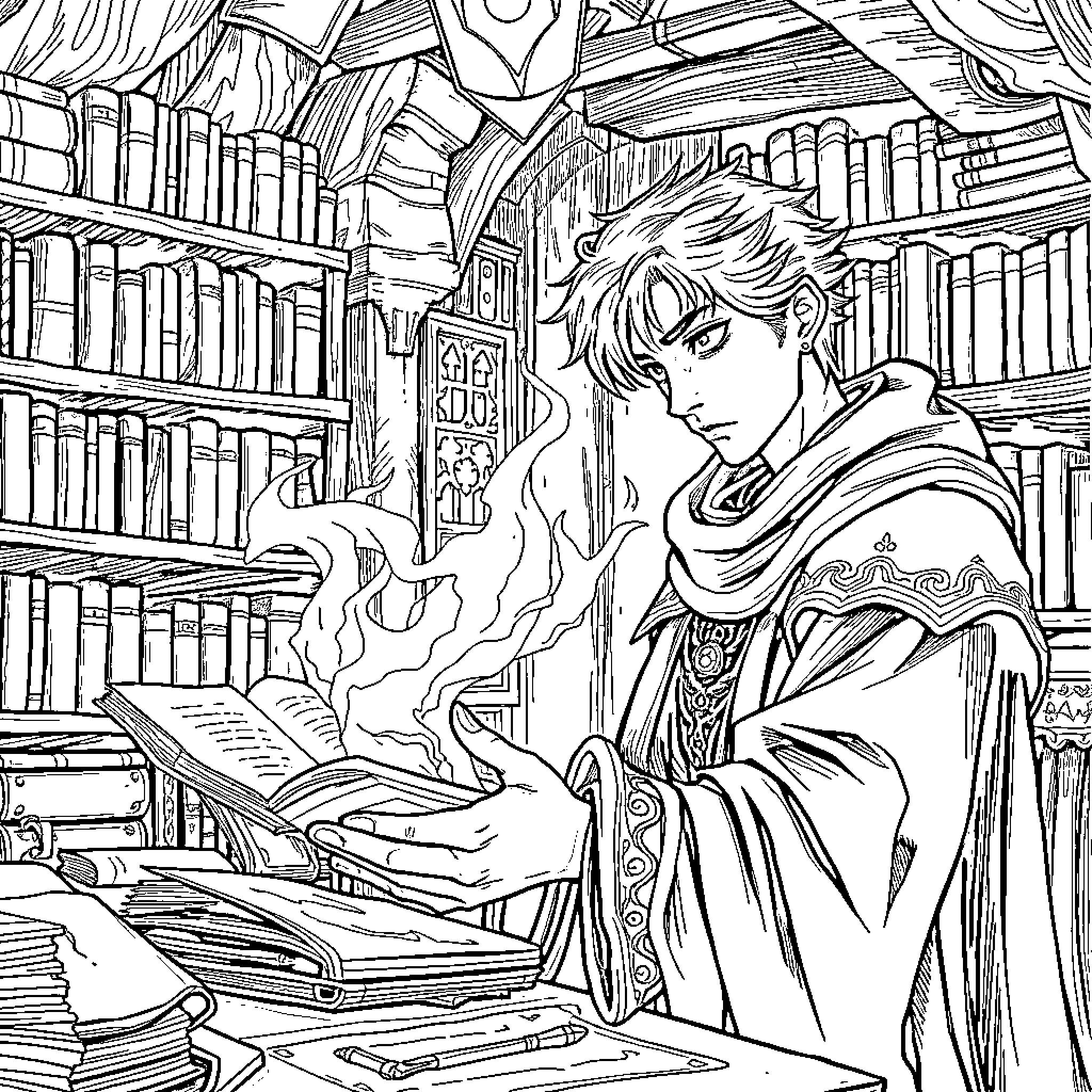 Warlock studying ancient tomes in a magical library Coloring Page (free black-and-white line drawing printable PDF for all, from beginners to advanced learners, including children, teens, adults, and seniors)