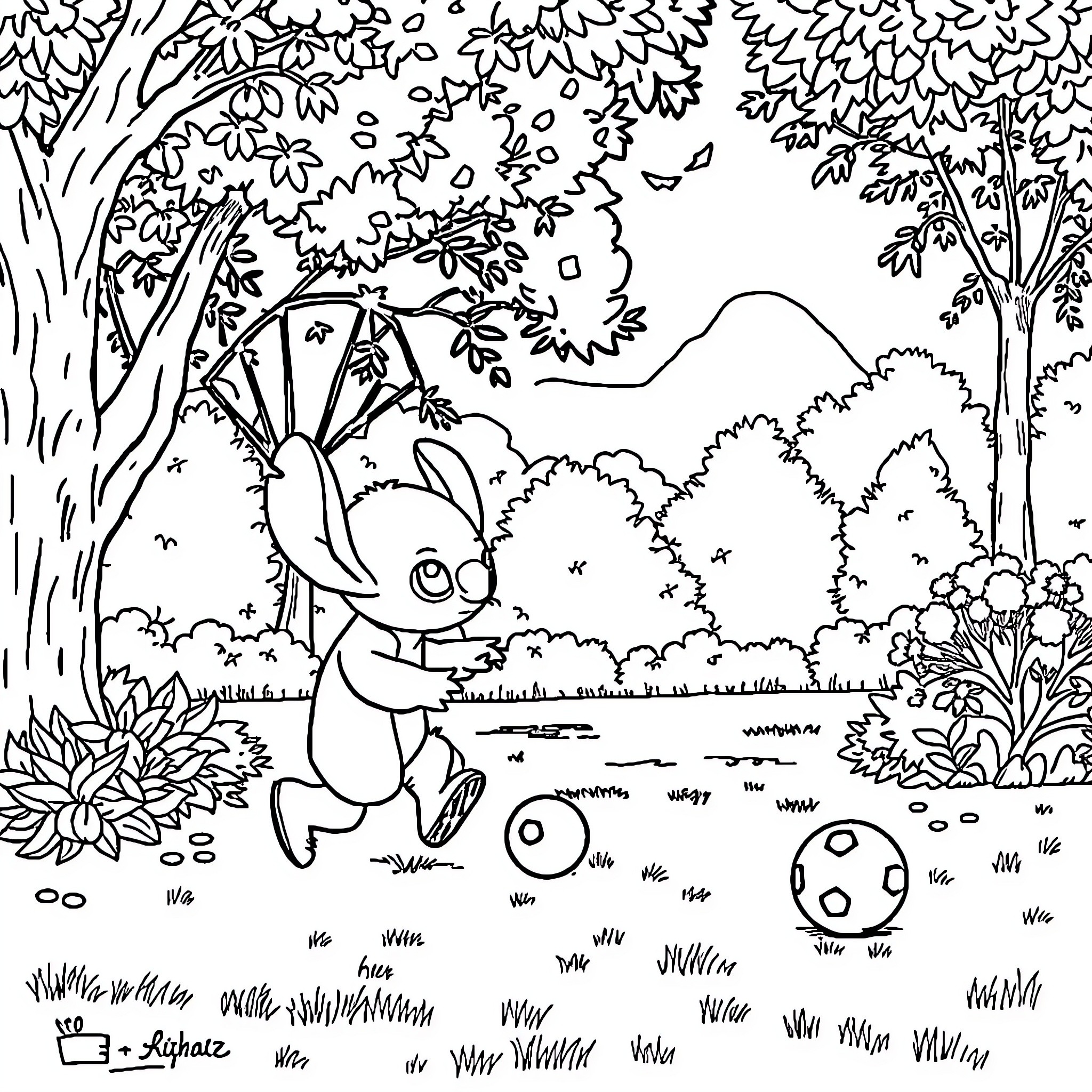 Stitch playing with a ball in the forest Coloring Page (free black-and-white line drawing printable PDF for all, from beginners to advanced learners, including children, teens, adults, and seniors)