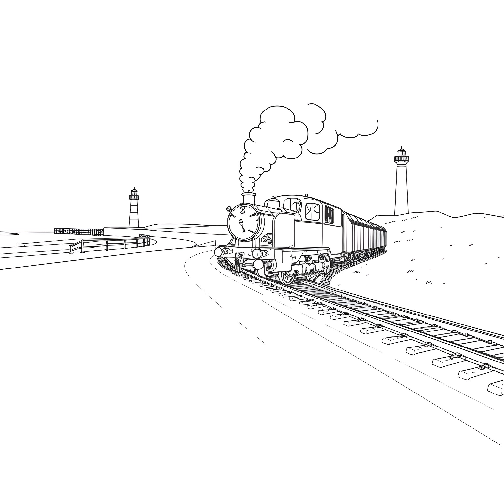 Train carrying passengers along the coastal railway Coloring Page (free black-and-white line drawing printable PDF for all, from beginners to advanced learners, including children, teens, adults, and seniors)