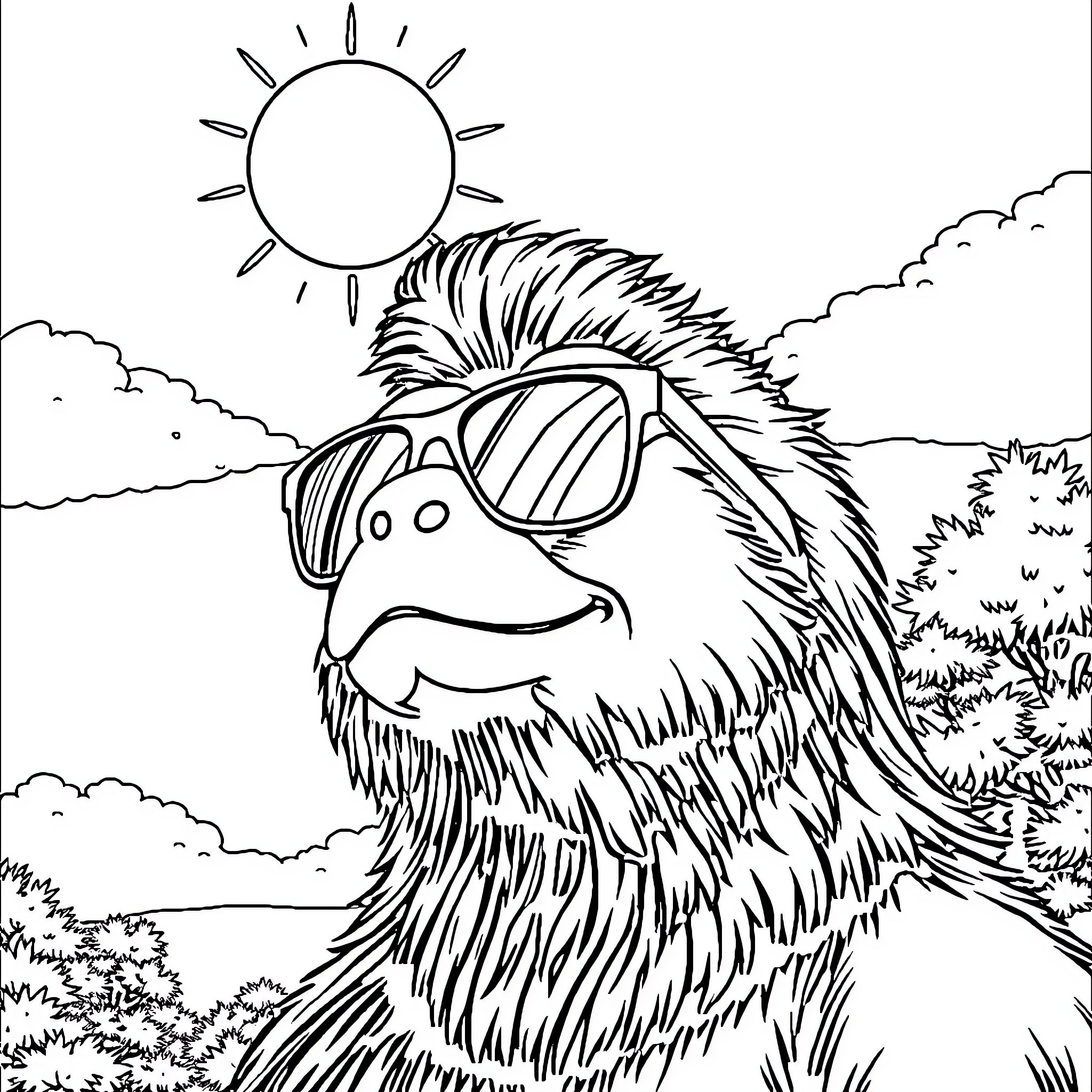 Bulbasaur enjoying the sunny outdoors with sunglasses Coloring Page (free black-and-white line drawing printable PDF for all, from beginners to advanced learners, including children, teens, adults, and seniors)