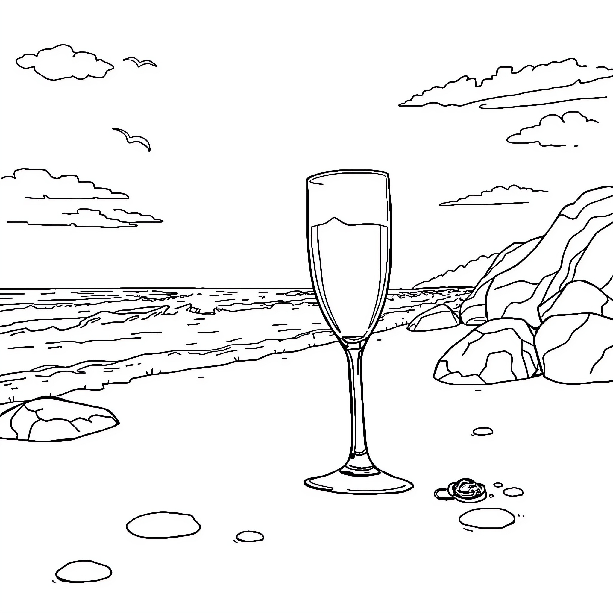 Erlenmeyer glass by the rocky seaside Coloring Page (free black-and-white line drawing printable PDF for all, from beginners to advanced learners, including children, teens, adults, and seniors)
