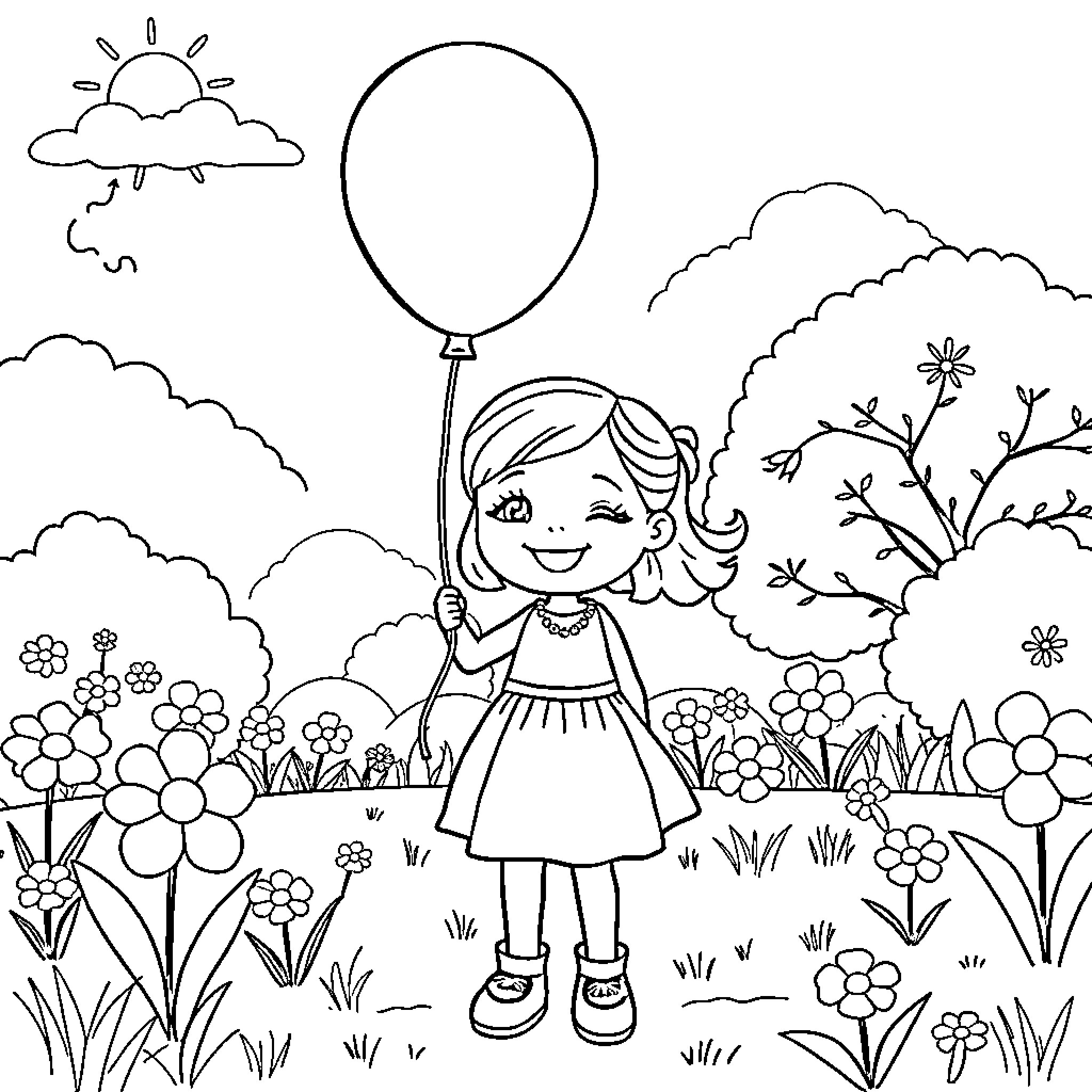 Girl playing with balloon in spring garden Coloring Page (free black-and-white line drawing printable PDF for all, from beginners to advanced learners, including children, teens, adults, and seniors)