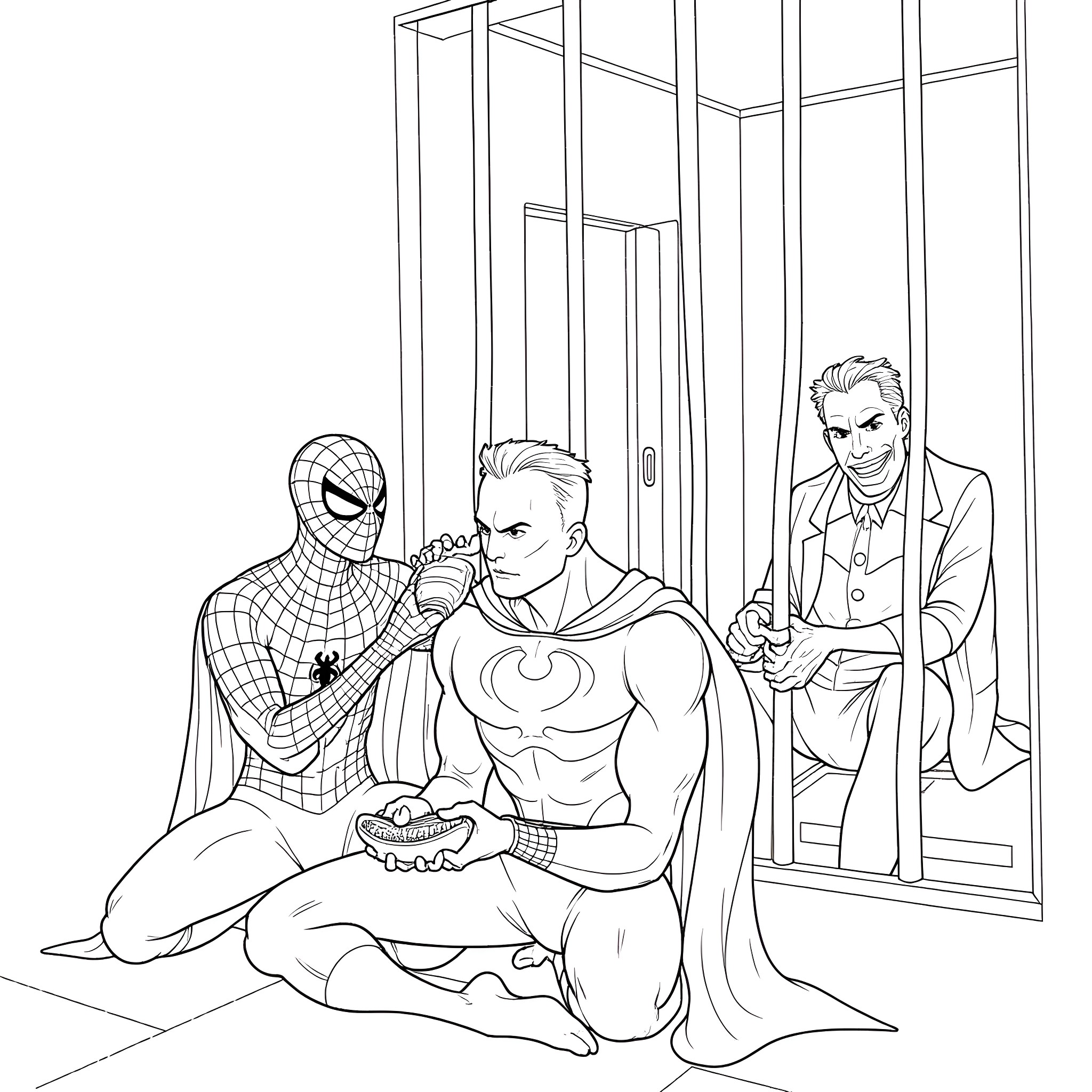 Spider-Man confronting a villainous duo in an urban setting Coloring Page (free black-and-white line drawing printable PDF for all, from beginners to advanced learners, including children, teens, adults, and seniors)
