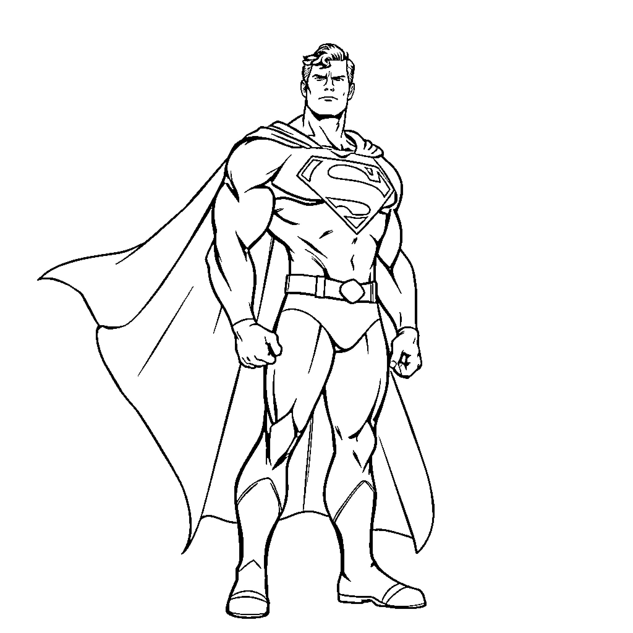Superman in heroic pose with cape Coloring Page (free black-and-white line drawing printable PDF for all, from beginners to advanced learners, including children, teens, adults, and seniors)